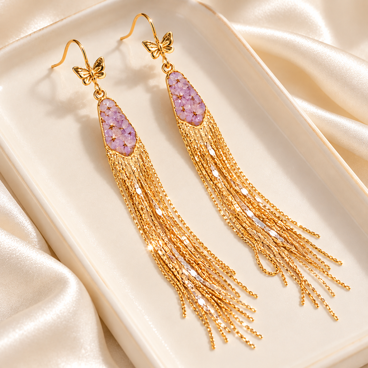 Zijin preserved flower gold tassel earrings — photo 5