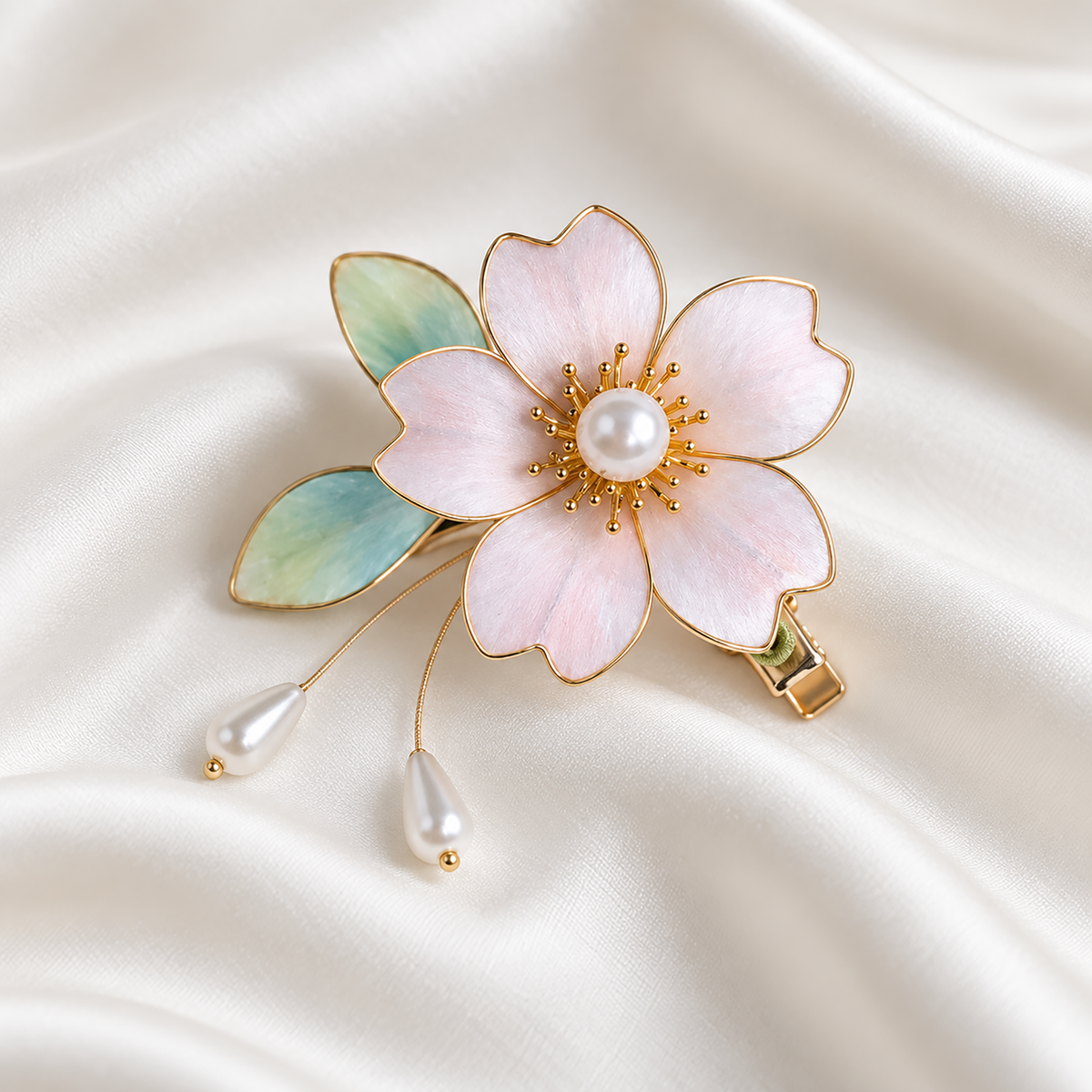 Pink silk Ronghua hair clip with gold-tone alligator base