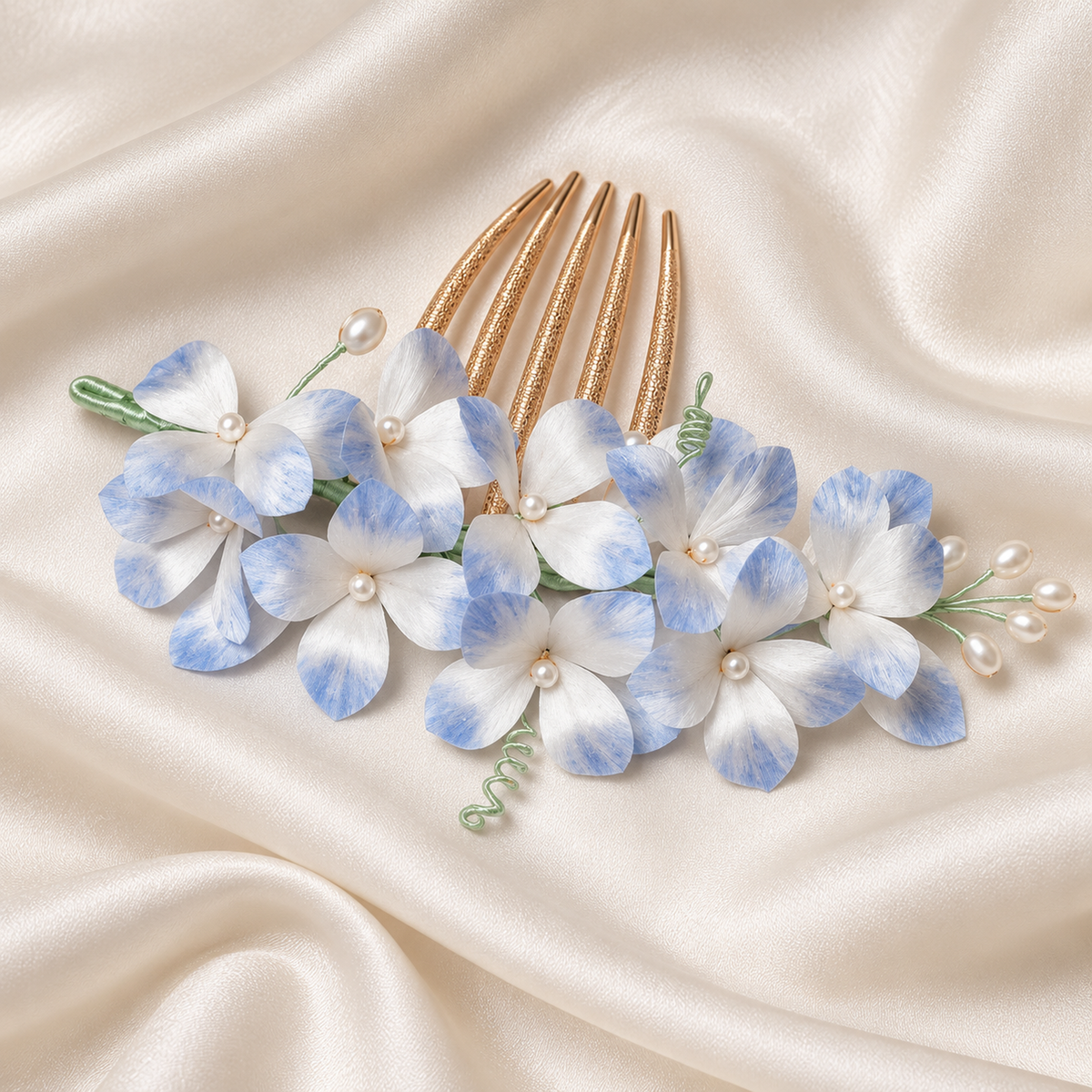Blue hydrangea Ronghua hair comb on draped ivory silk