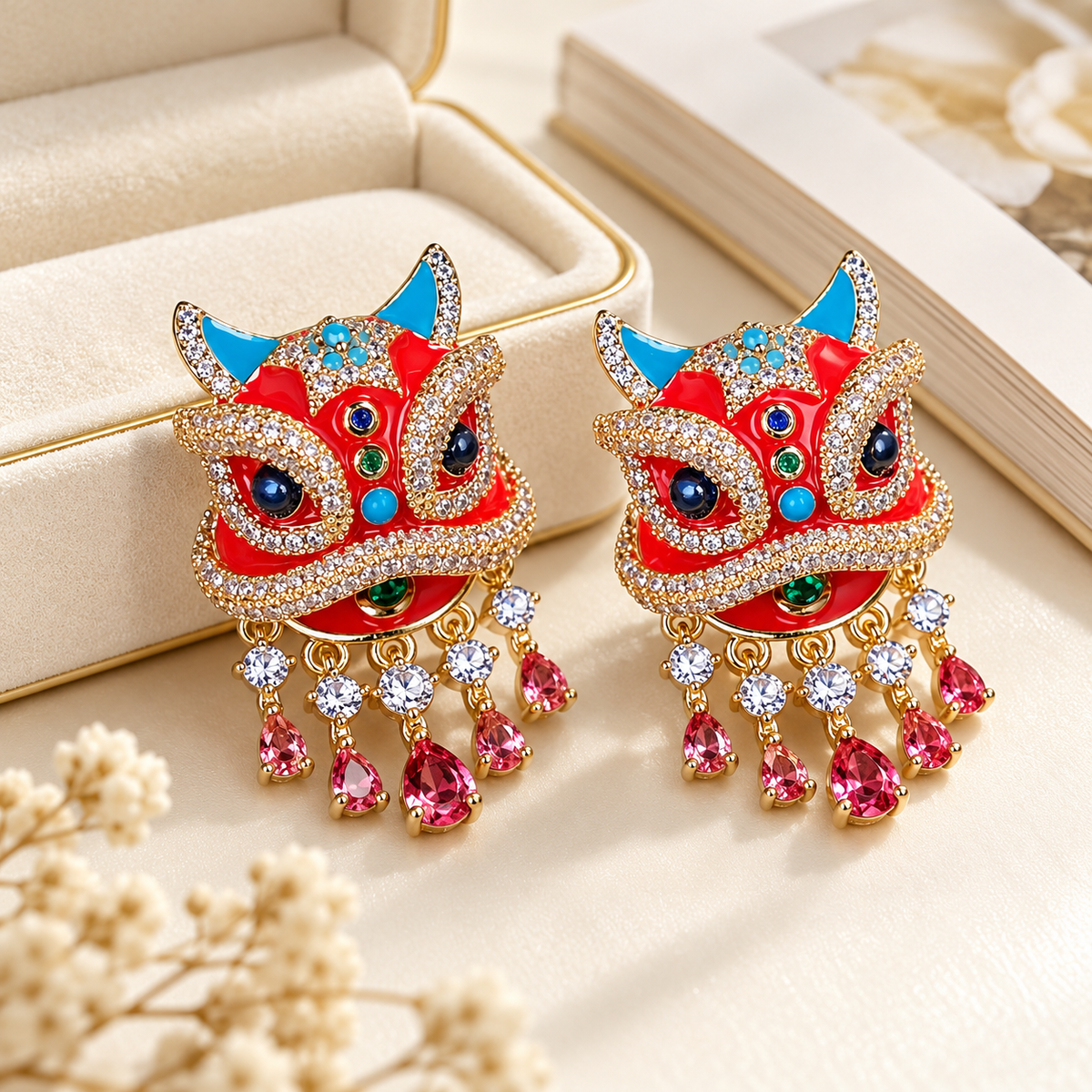 Xingshi enamel awakening lion drop earrings — photo 5