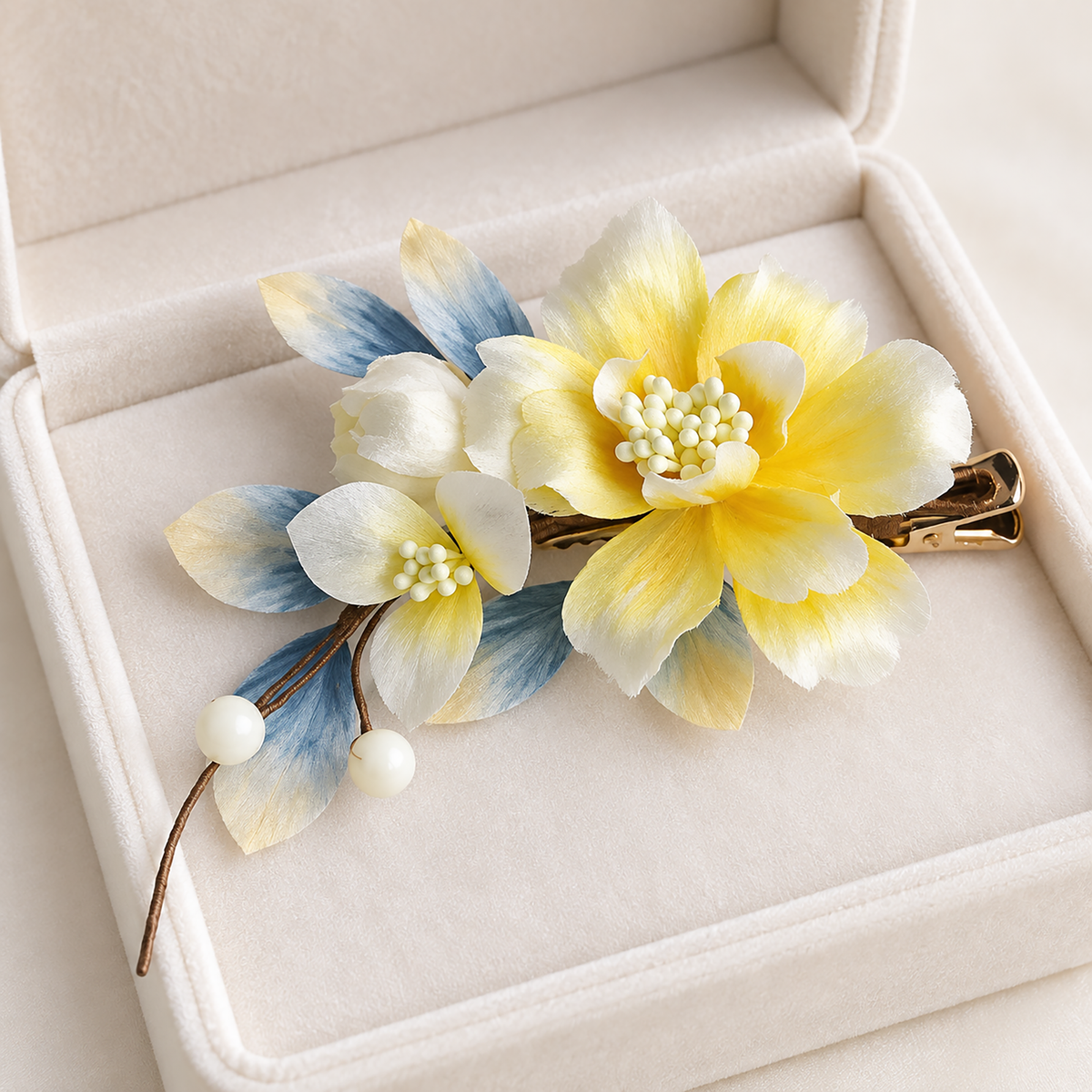 Yellow blossom Ronghua hair clip presented in an ivory gift box