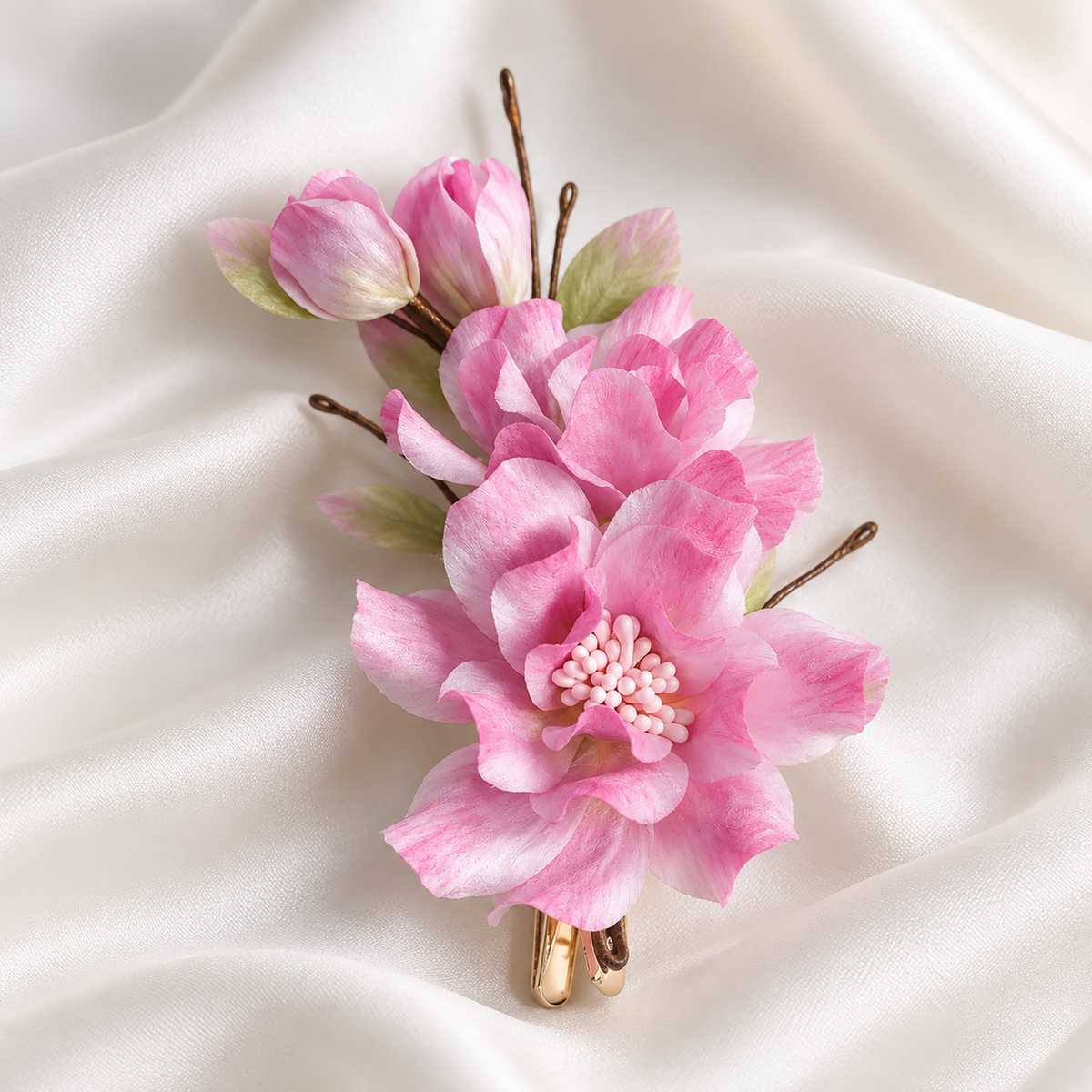 Pink Begonia Ronghua hair clip on cream satin