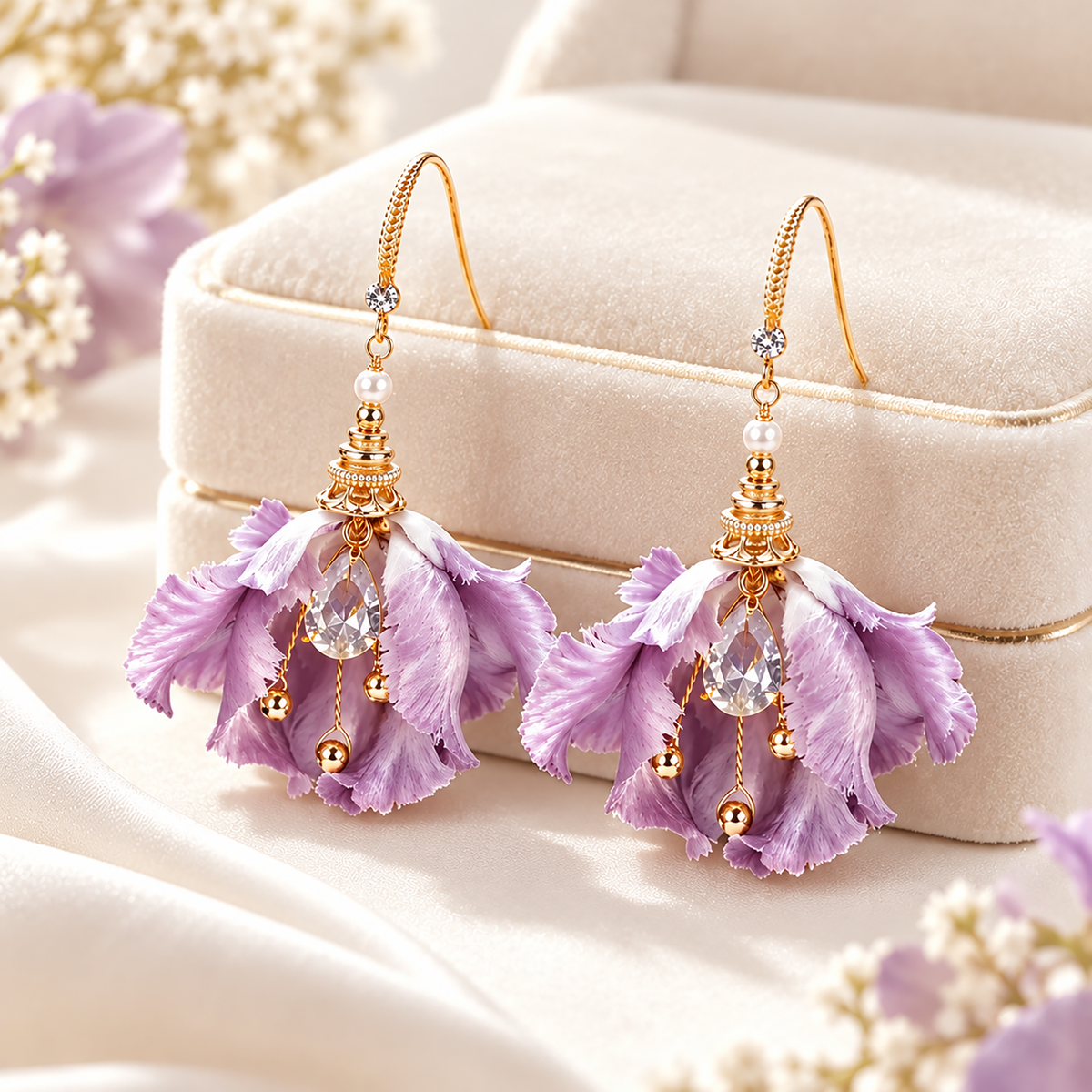 Purple iris silk Ronghua earrings with clear teardrop centers and small bead drops, in front of a cream box