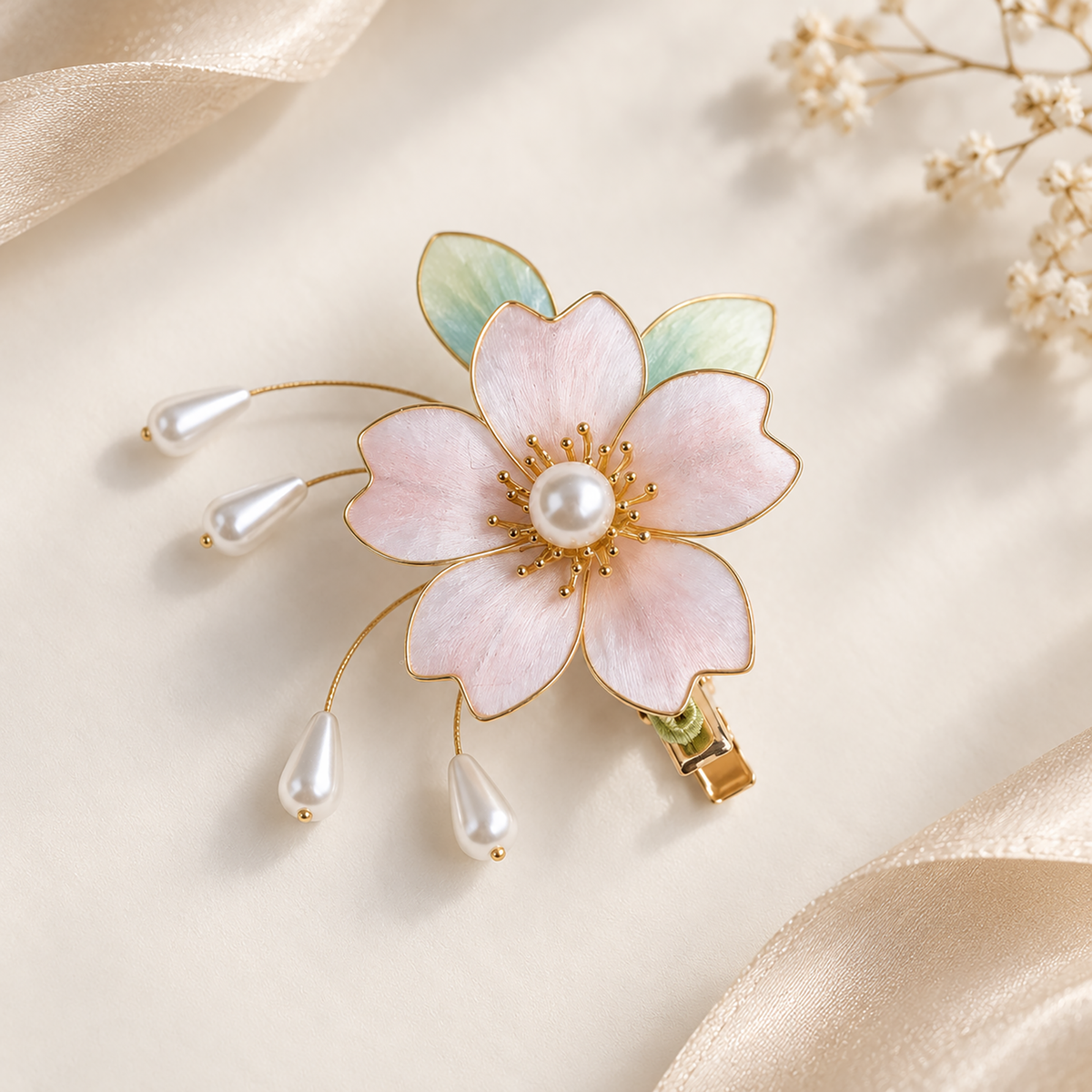 Pink blossom Ronghua hair clip with mint-green leaves on cream background