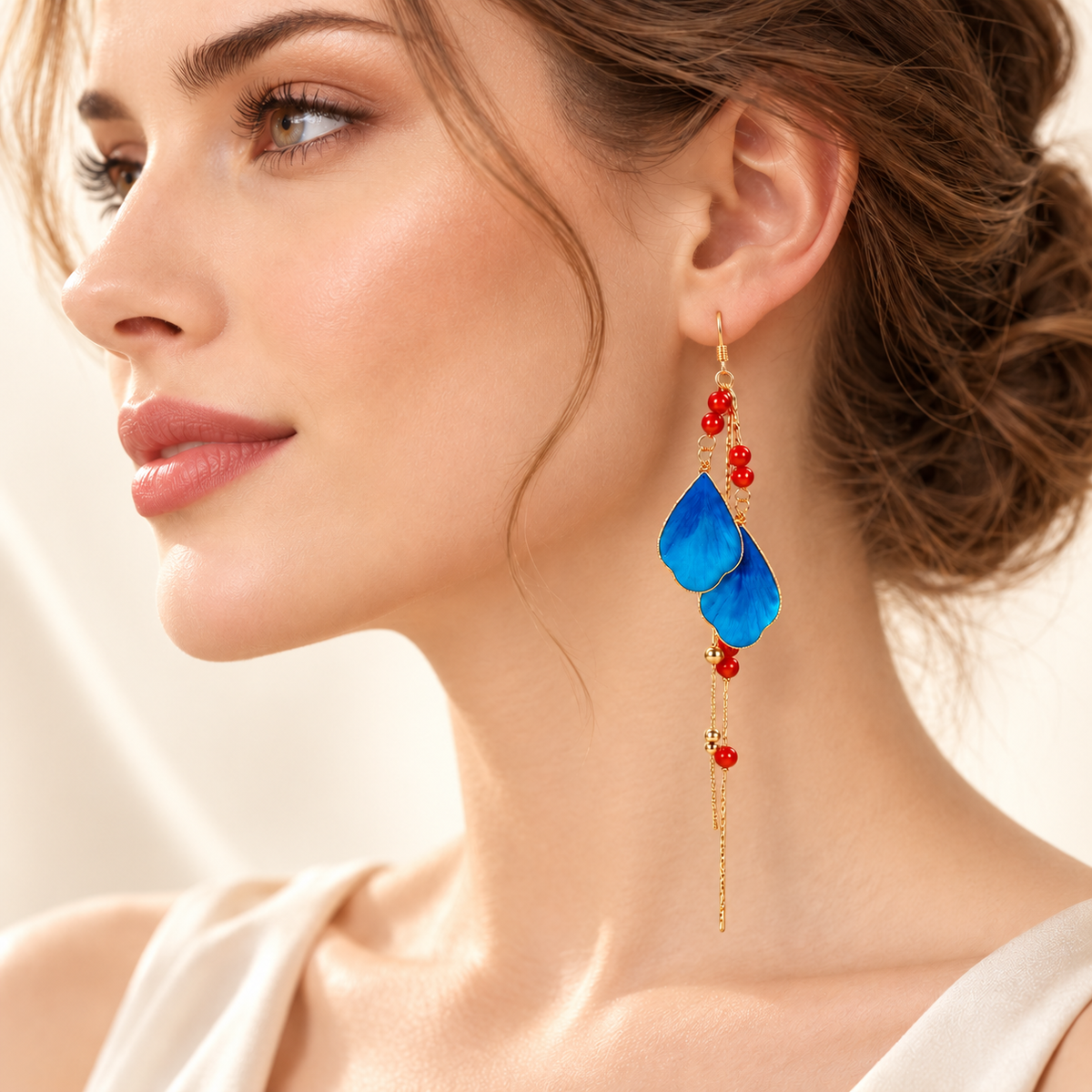 Daming Fenghua blue petal Ronghua earrings worn with an updo, side profile