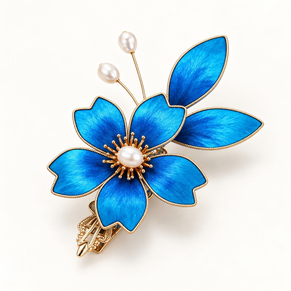 Blue begonia Ronghua hair clip with gold-tone outlines and pearl-tone accents