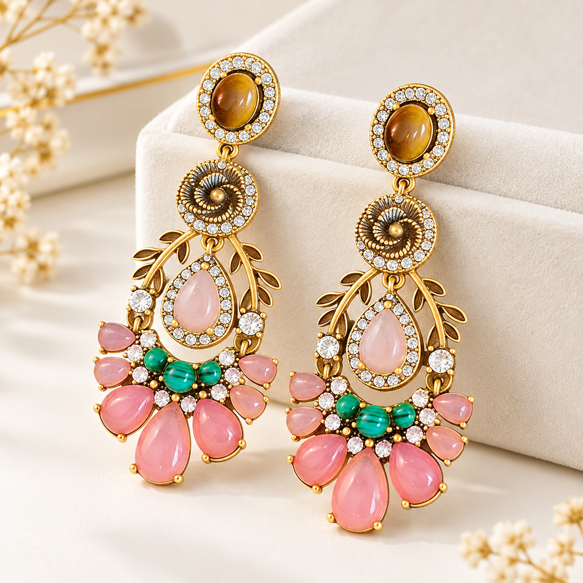 Nifei court pink glass tiger-eye drop earrings — photo 6