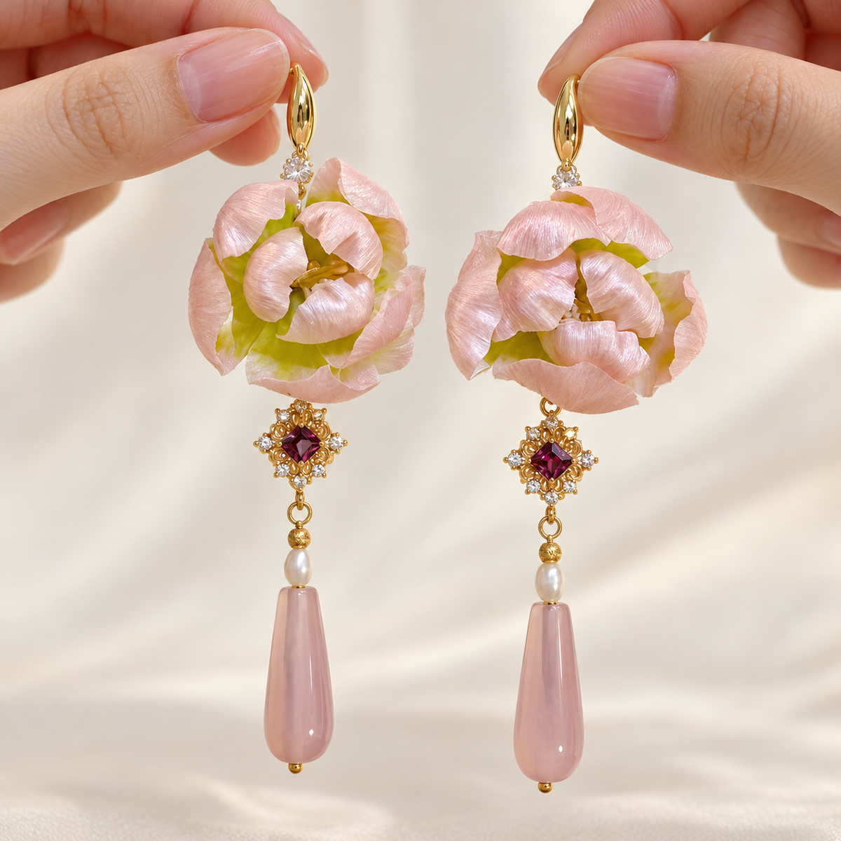 Pink Peony Bud Ronghua Drop Earrings — photo 6