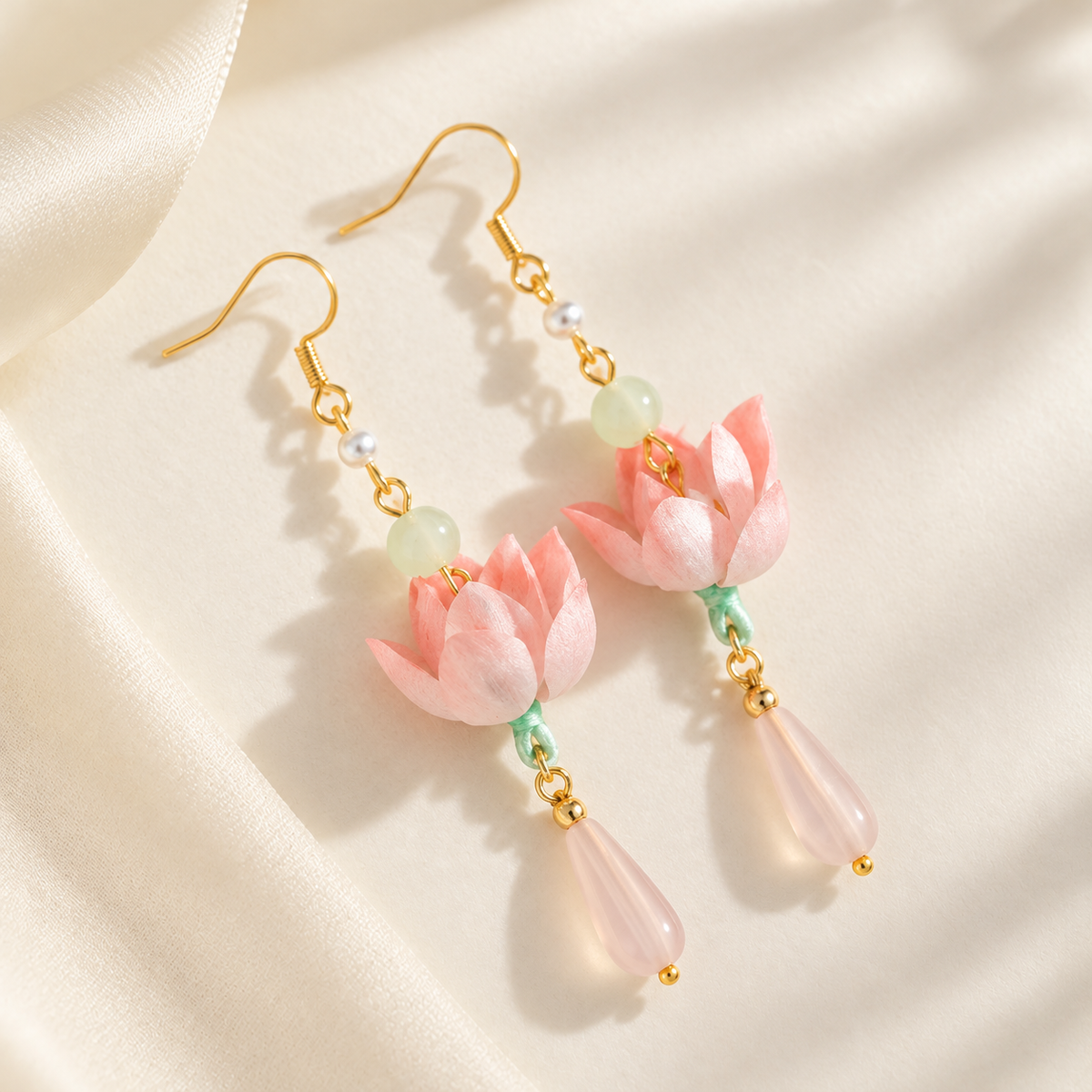 Qinghe lotus Ronghua drop earrings detail on fabric
