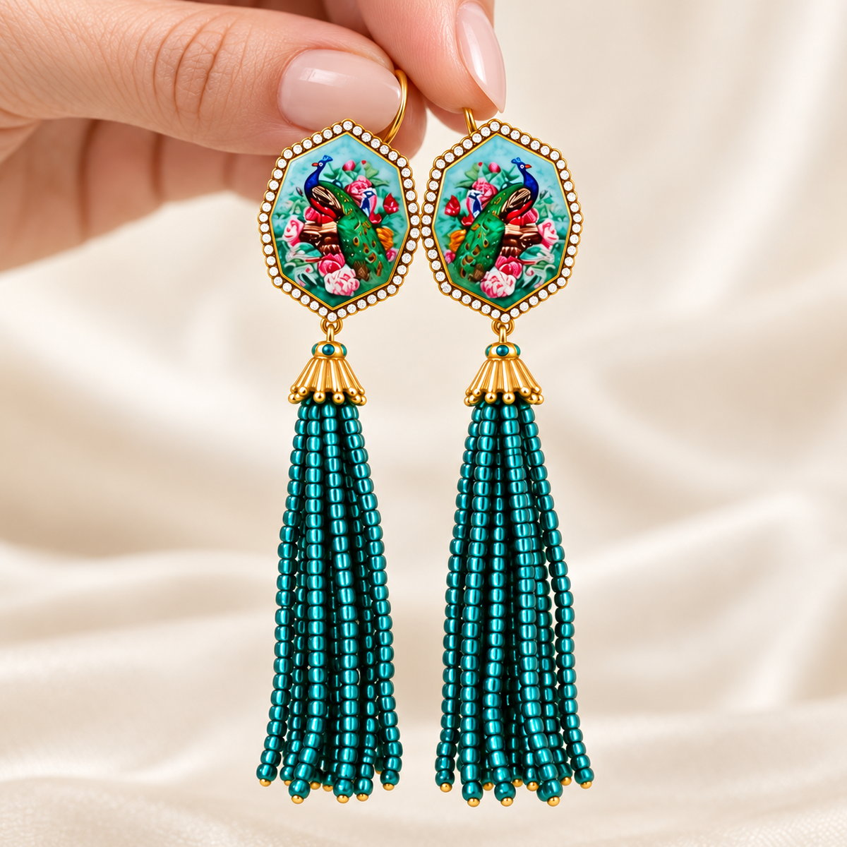 Kongqueling enamel peacock bead tassel stud earrings — photo 6
