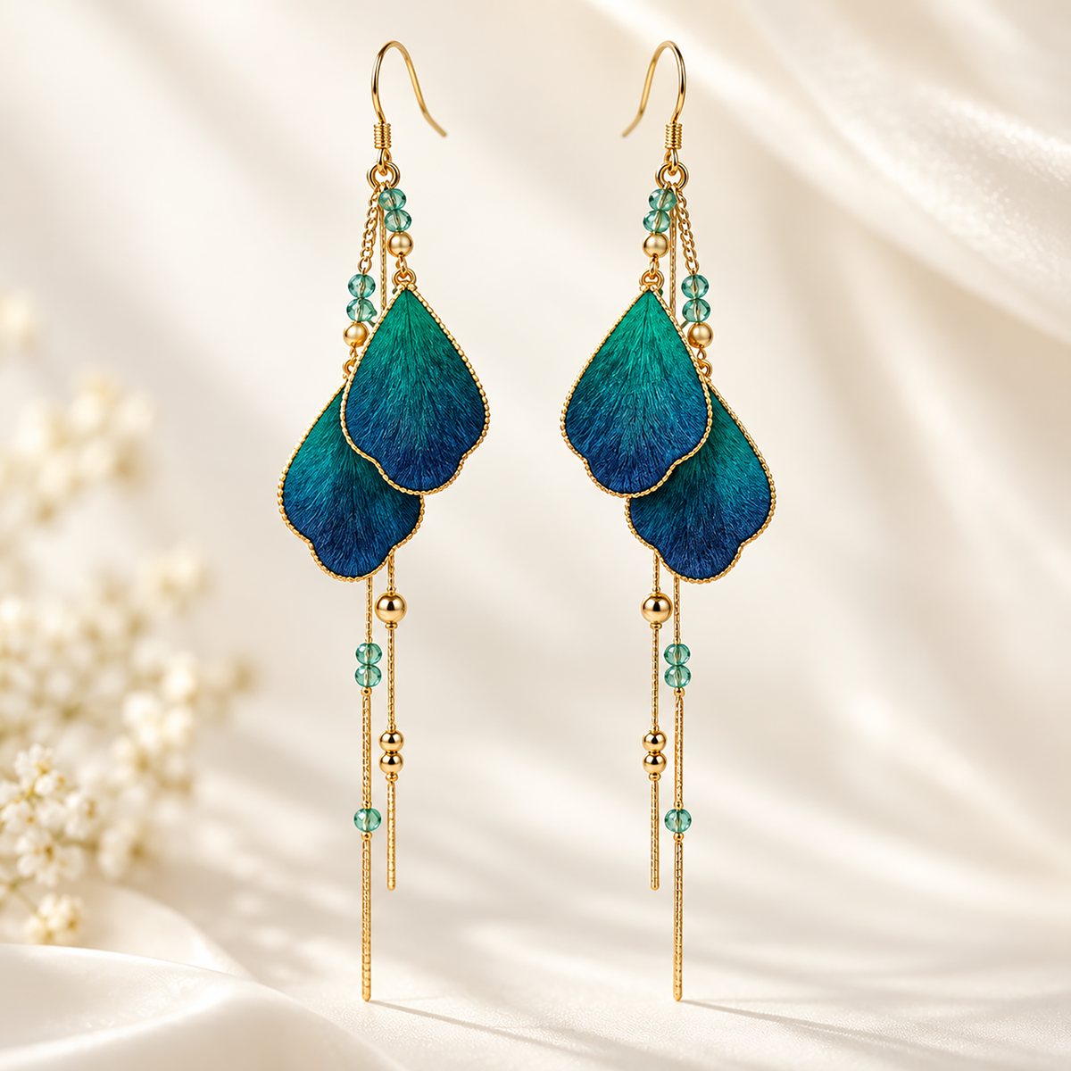 Teal-blue silk Ronghua earrings with green bead accents on cream fabric