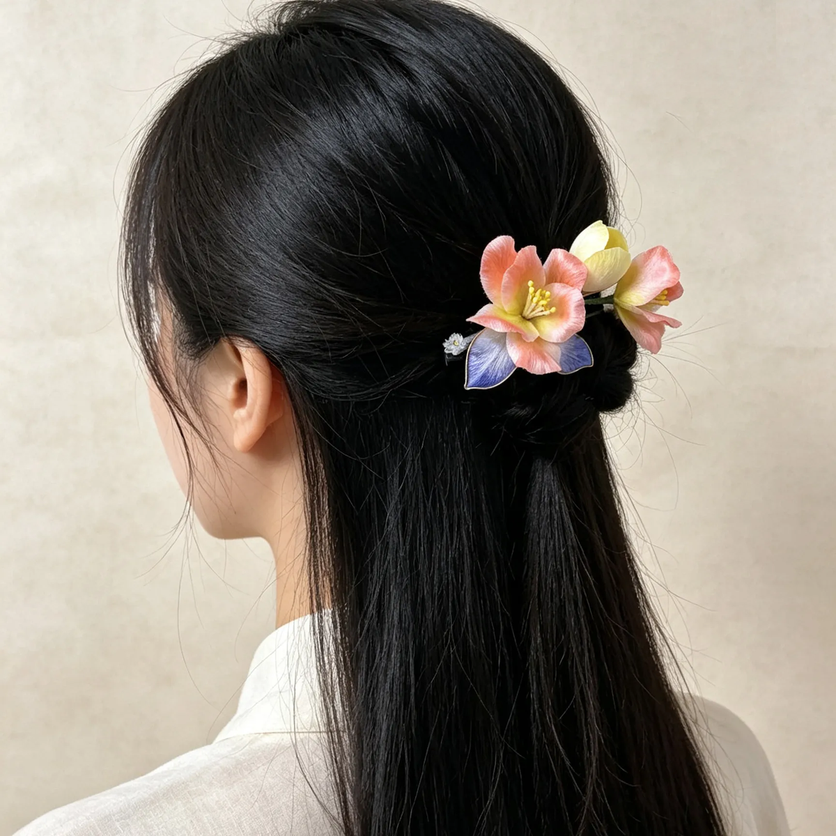Coral blossom Ronghua hair clip worn in long dark hair