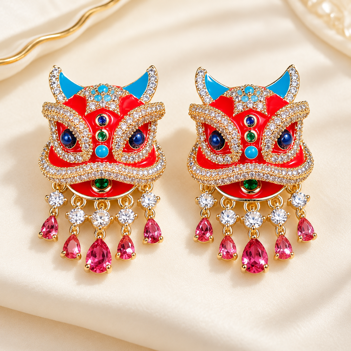 Xingshi enamel awakening lion drop earrings — photo 7