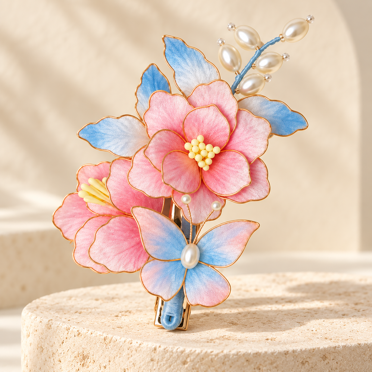 Pink peach blossom butterfly hair clip on a stone pedestal