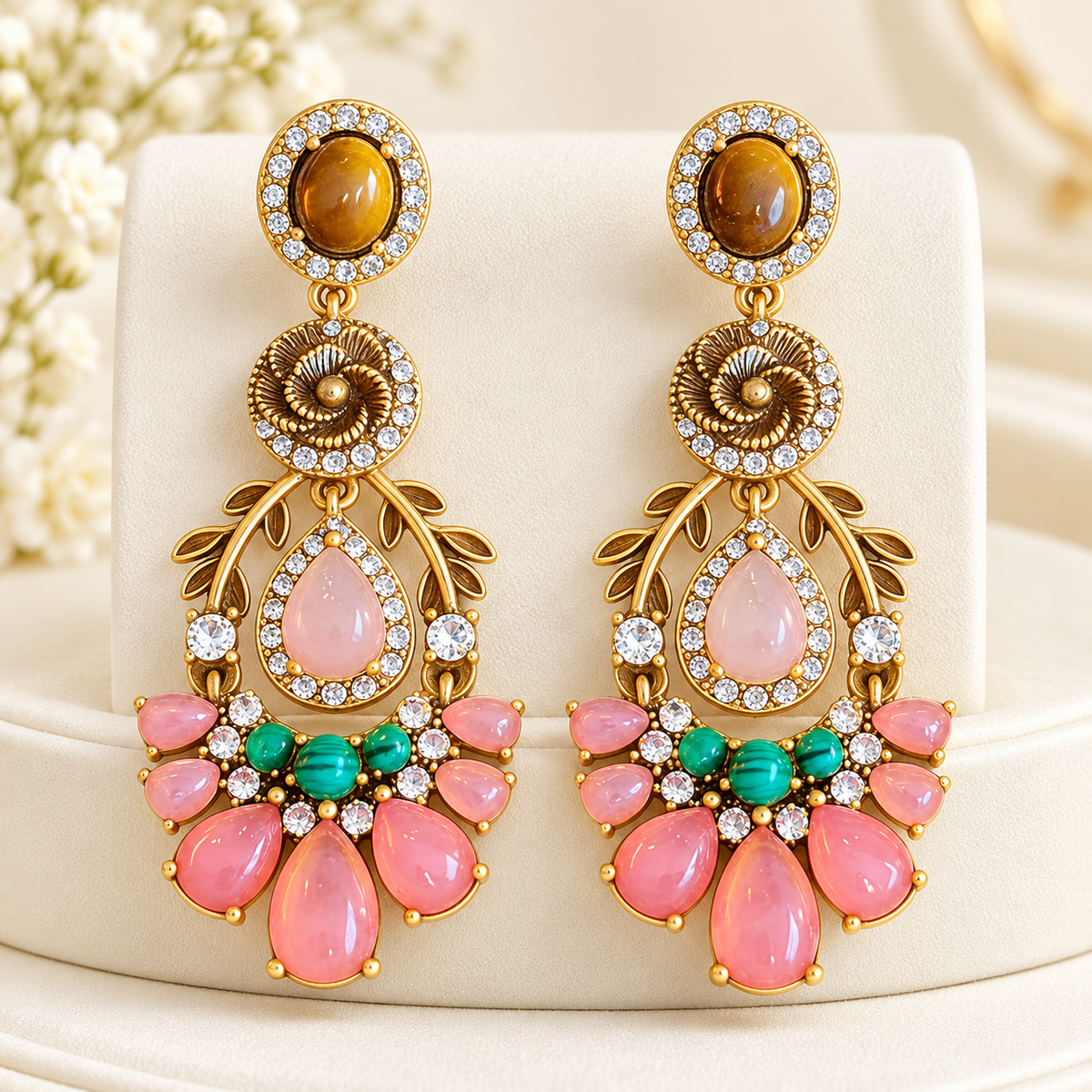 Nifei court pink glass tiger-eye drop earrings — photo 7