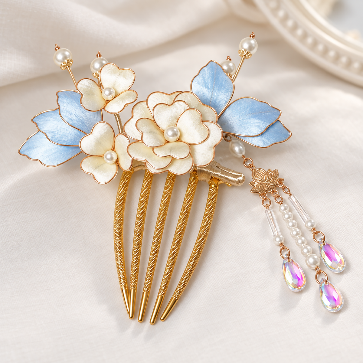Ivory blossom Ronghua tassel hair comb on draped ivory silk