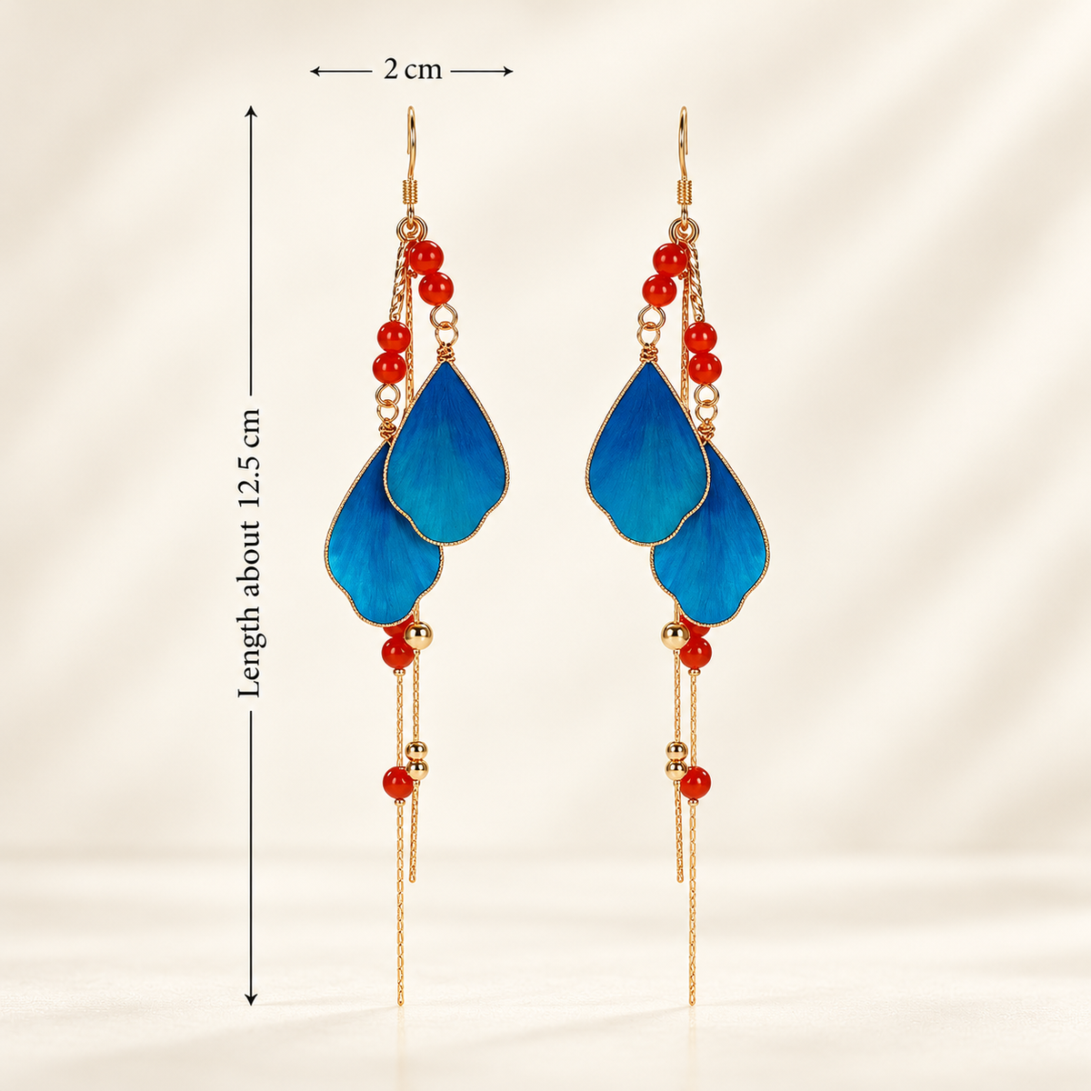 Blue Petal Ronghua tassel earrings size guide, length about 12.5 cm, width 2 cm