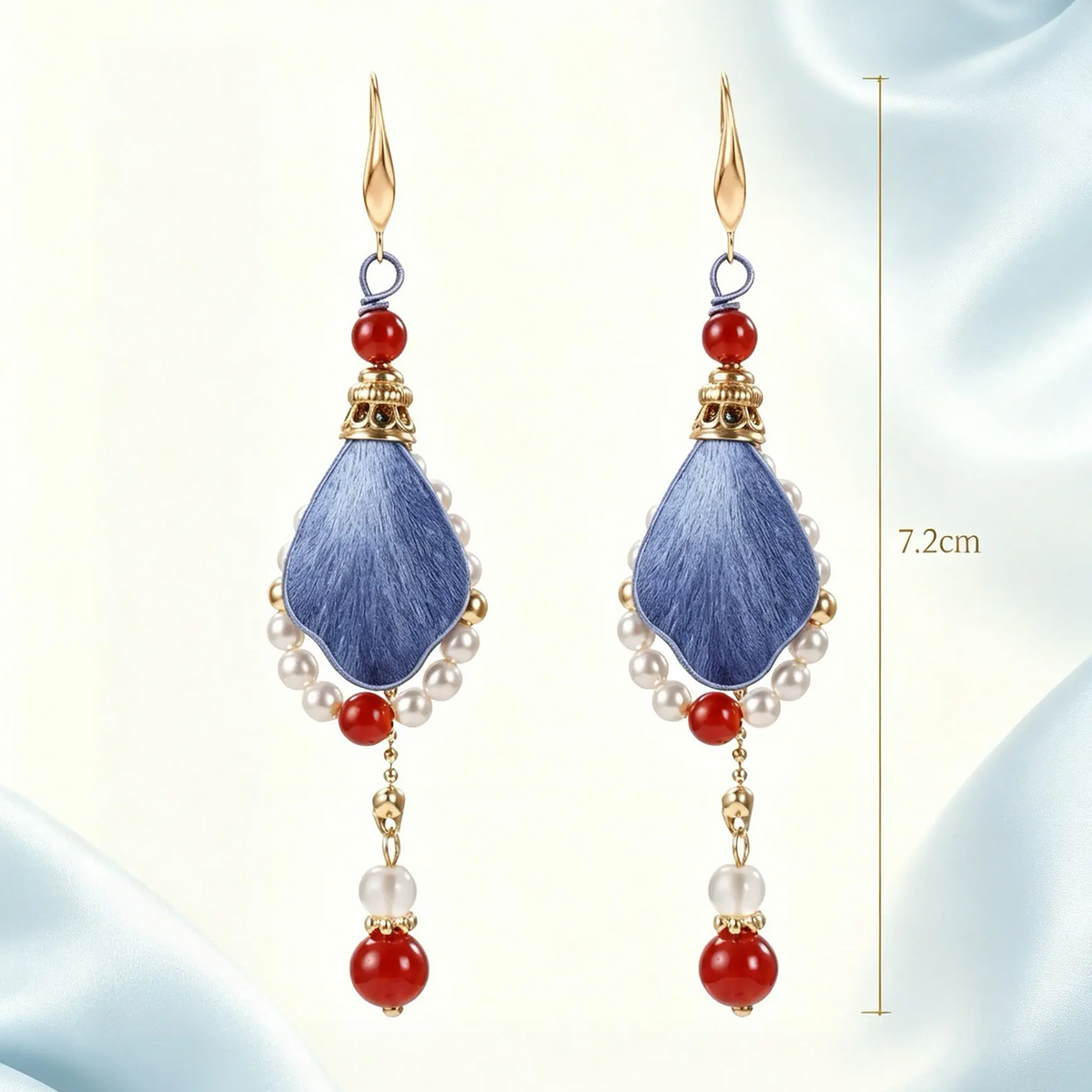 Size graphic of the blue-red silk drop earrings: overall length about 7.2 cm