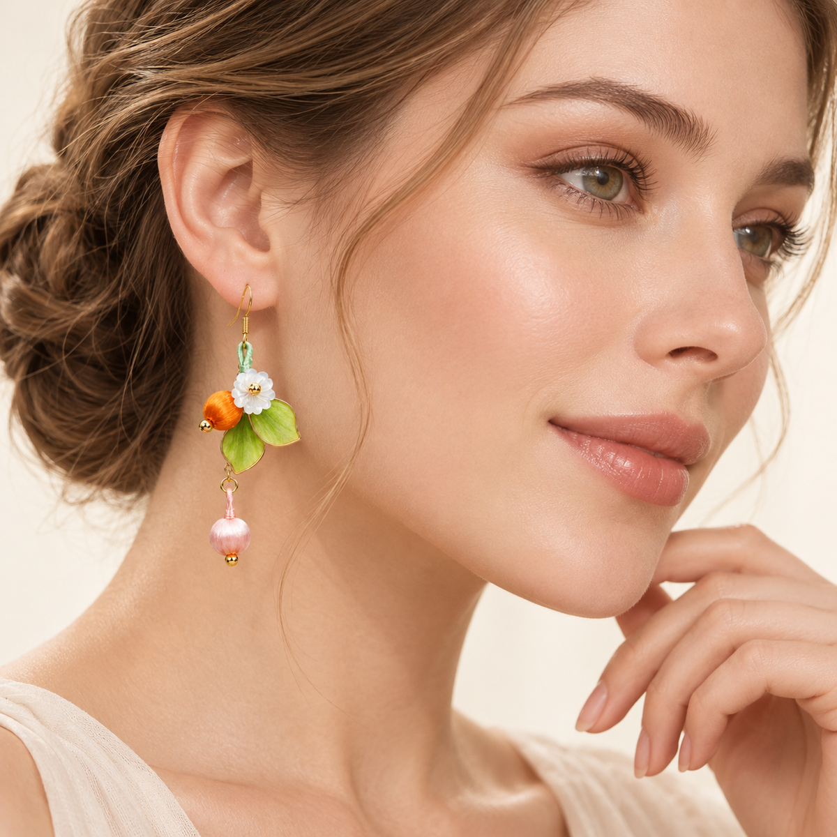 Qingguang forest blossom Ronghua earrings worn with an updo, side profile