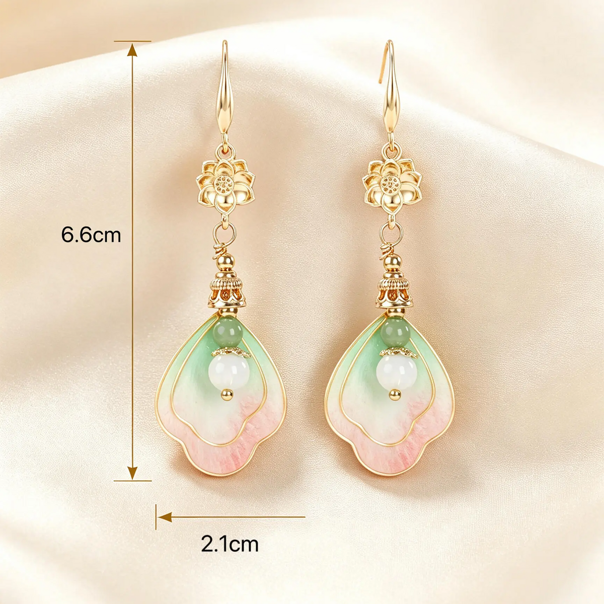 Size graphic of the pink-mint silk drop earrings: overall length about 6.6 cm, petal about 2.1 cm