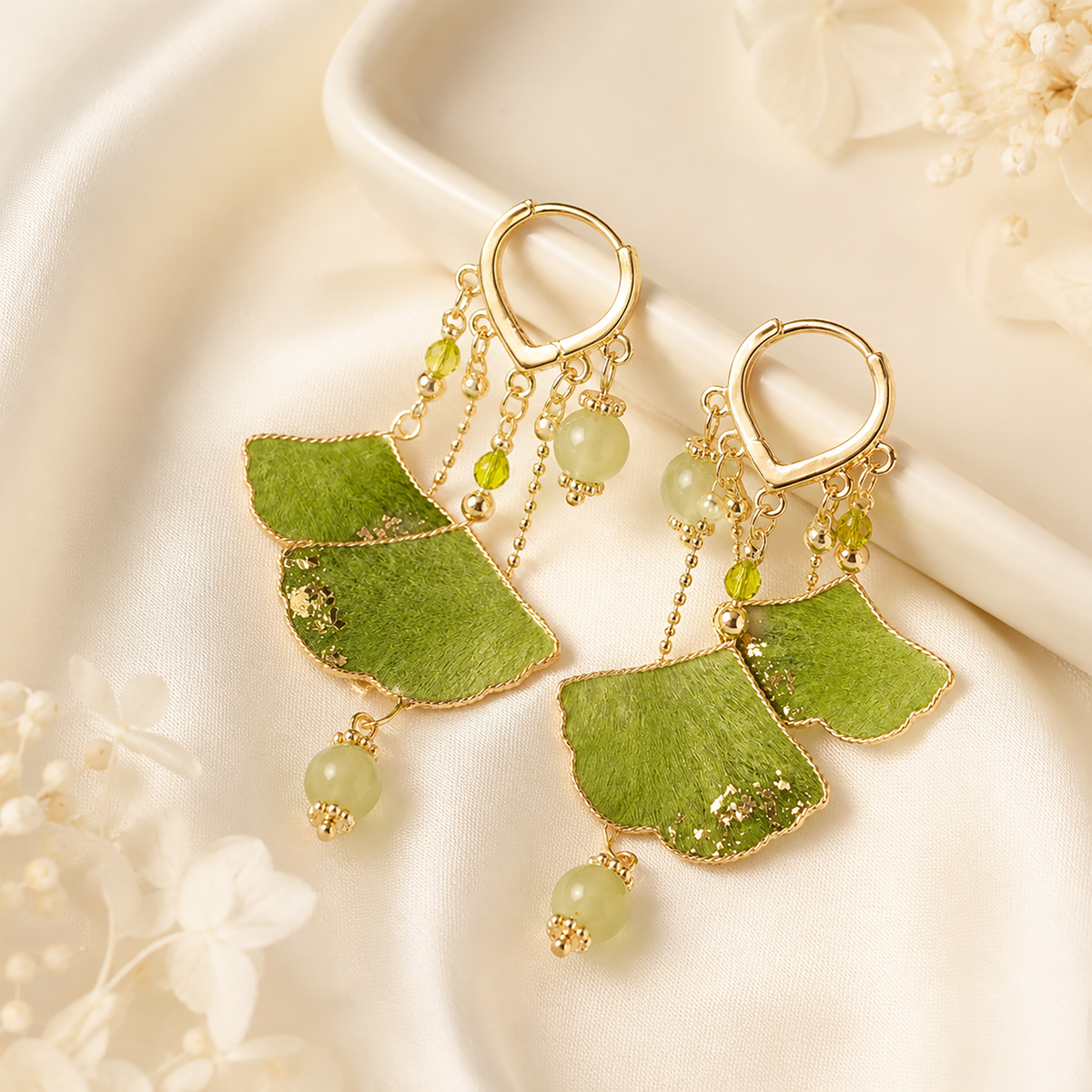 Green ginkgo silk velvet dangle earrings with 925 sterling-silver ear hooks