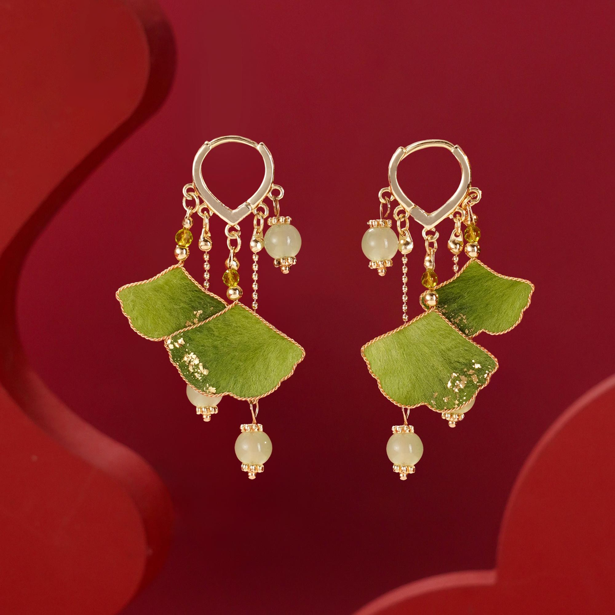 Green ginkgo silk velvet dangle earrings with 925 sterling-silver ear hooks