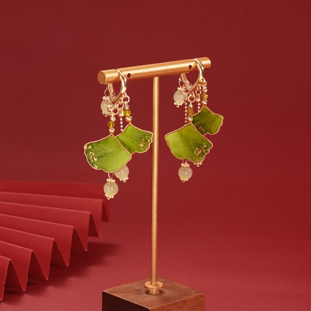 Green ginkgo silk velvet dangle earrings with 925 sterling-silver ear hooks