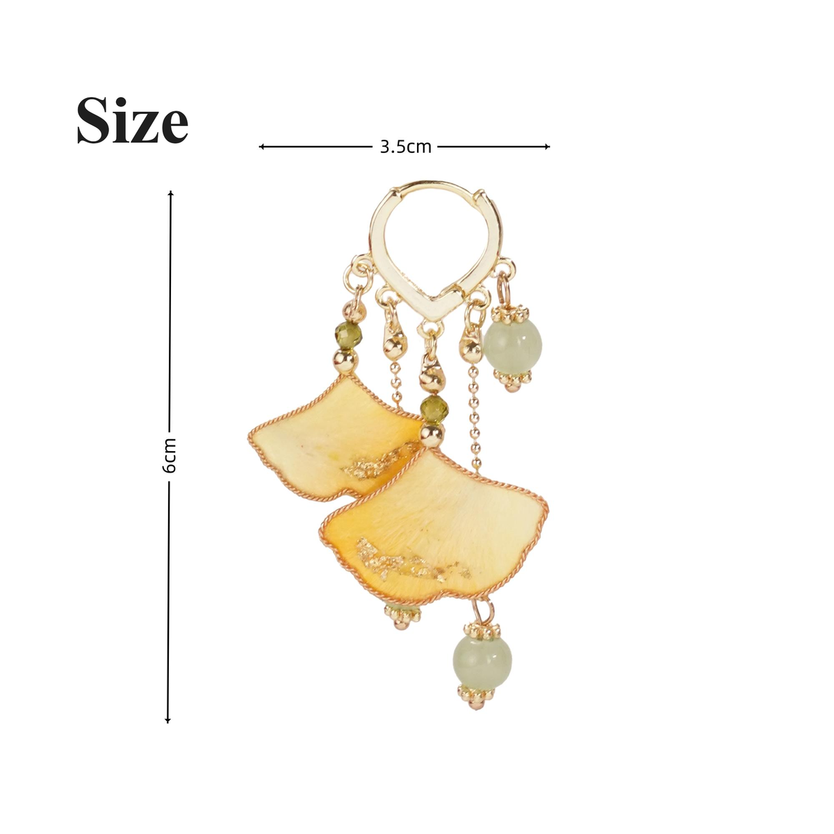 Golden ginkgo silk velvet dangle earring size guide, 3.5 cm wide and 6 cm long