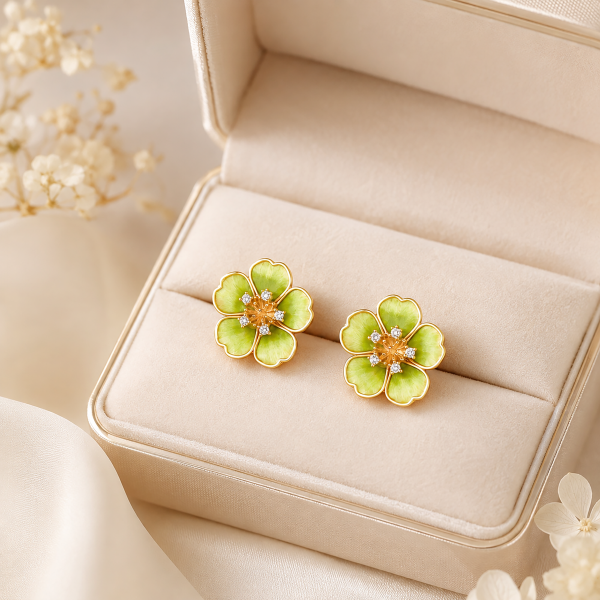 Spring Blossom green floral stud earrings displayed in a cream jewellery box