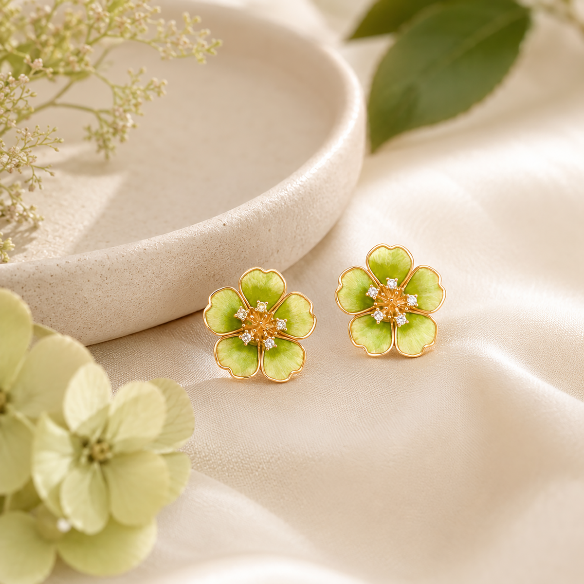 Pair of green silk velvet flower stud earrings styled with flowers and cream satin