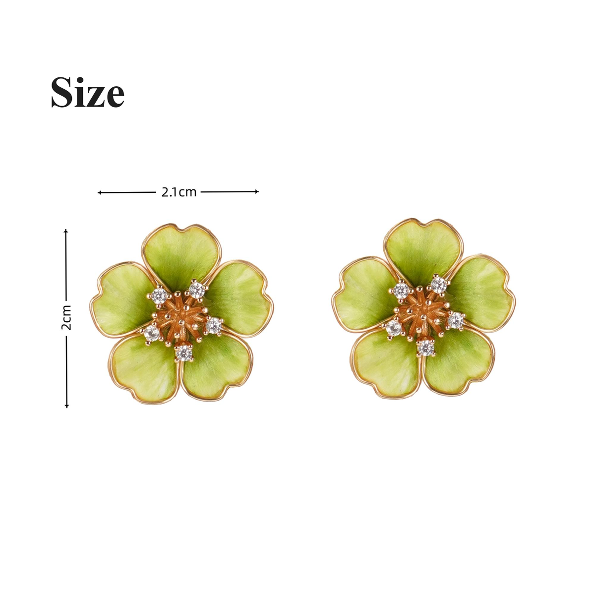 Size guide for Spring Blossom stud earrings showing 2.1 cm width and 2 cm height