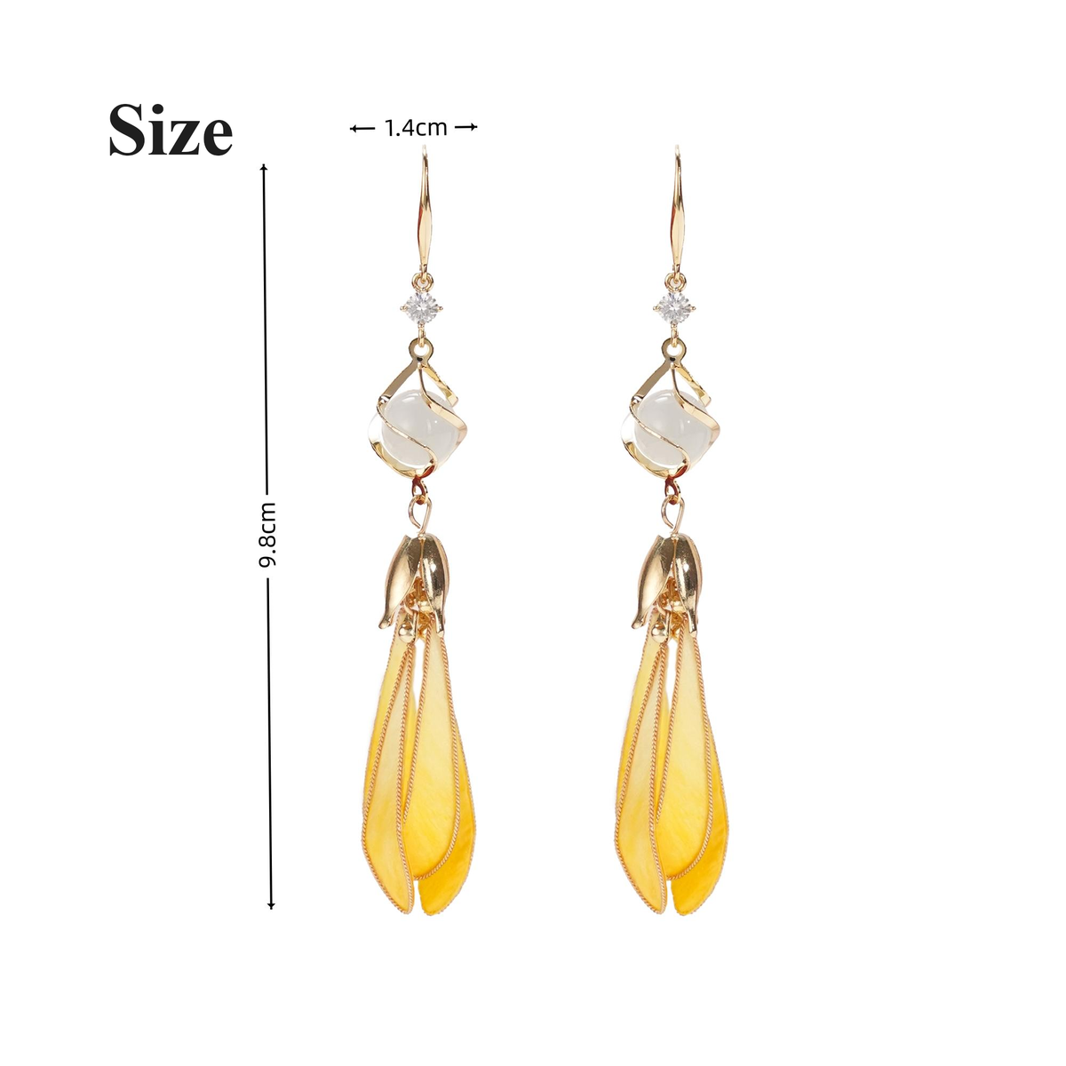 Golden Magnolia drop earrings size guide showing approximately 1.4 cm wide and 9.8 cm long
