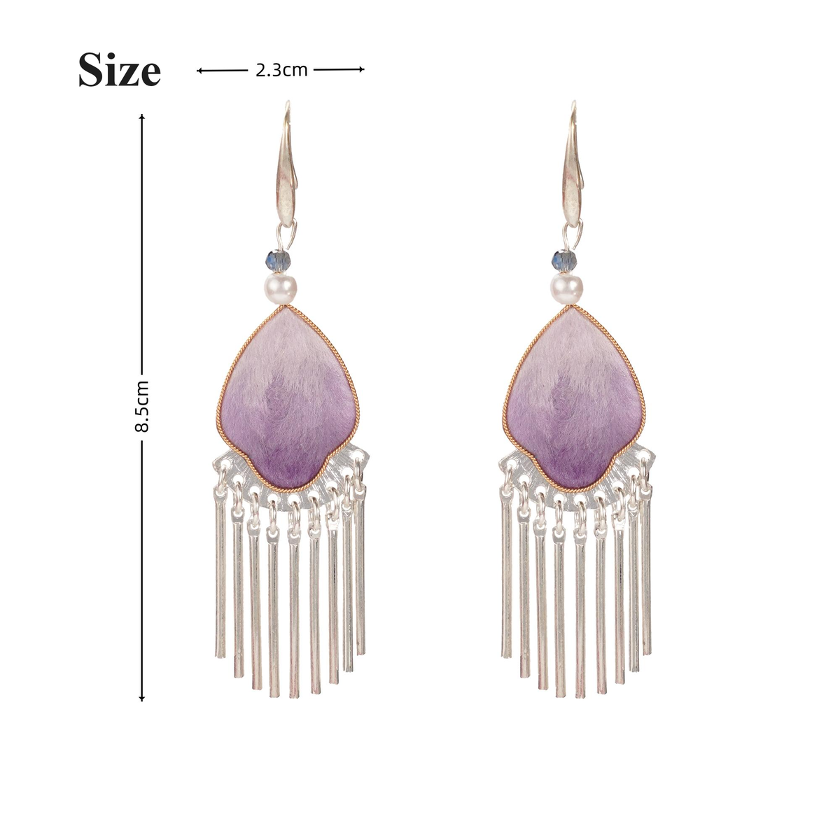 Violet Petal tassel earrings size guide showing approximately 2.3 cm wide and 8.5 cm long