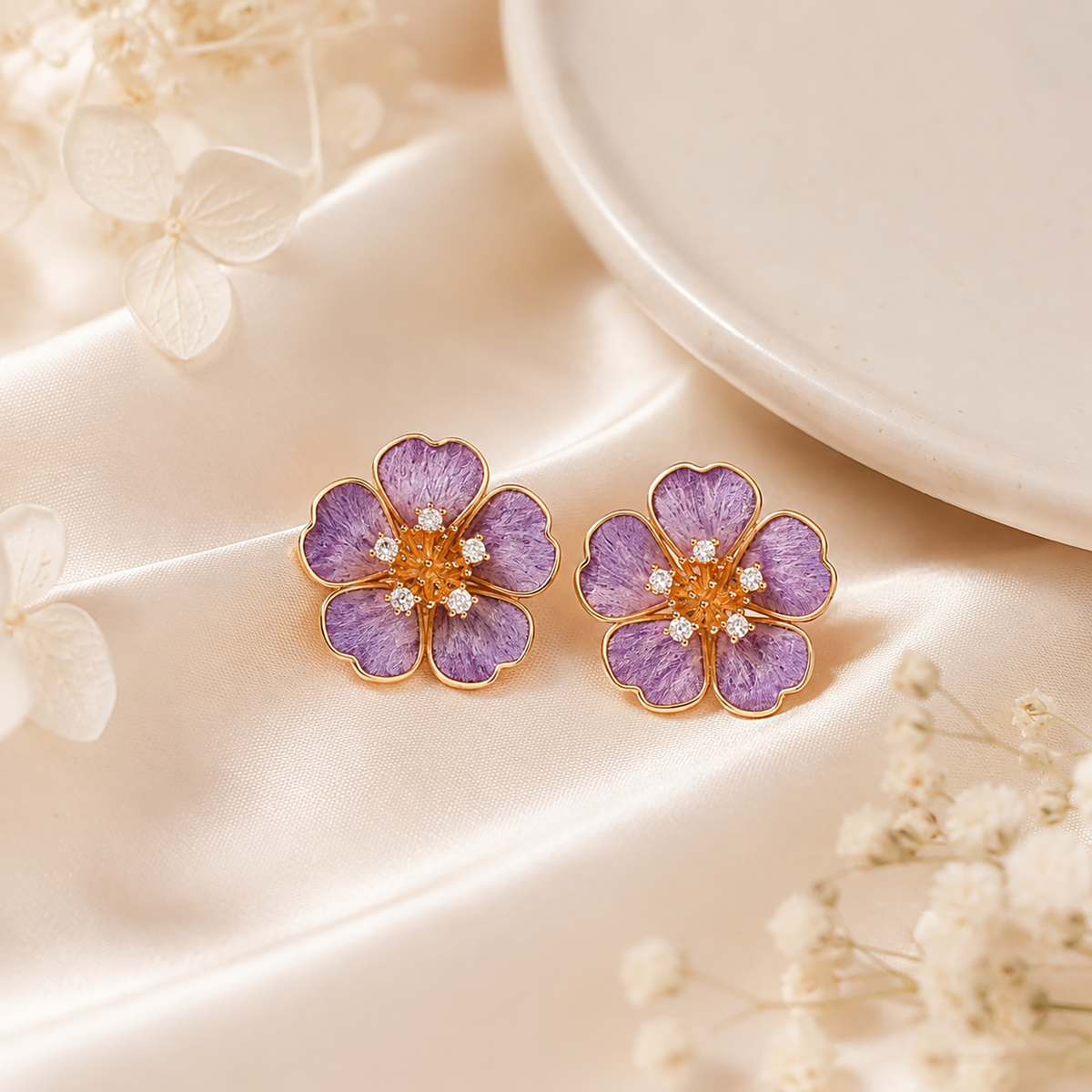 Pair of violet silk velvet flower stud earrings with gold-tone centres on ivory satin