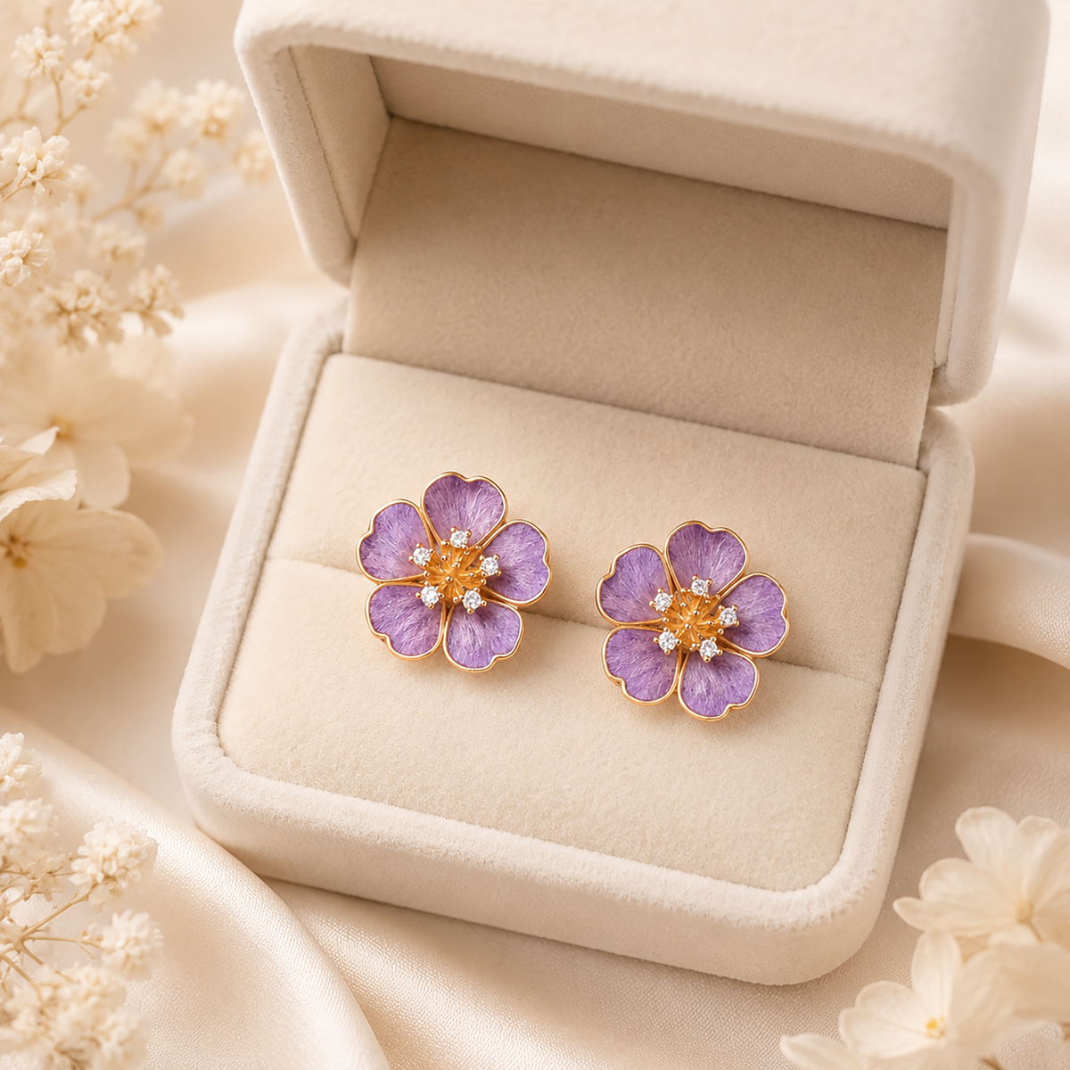 Violet Blossom silk velvet stud earrings displayed in an ivory jewellery box