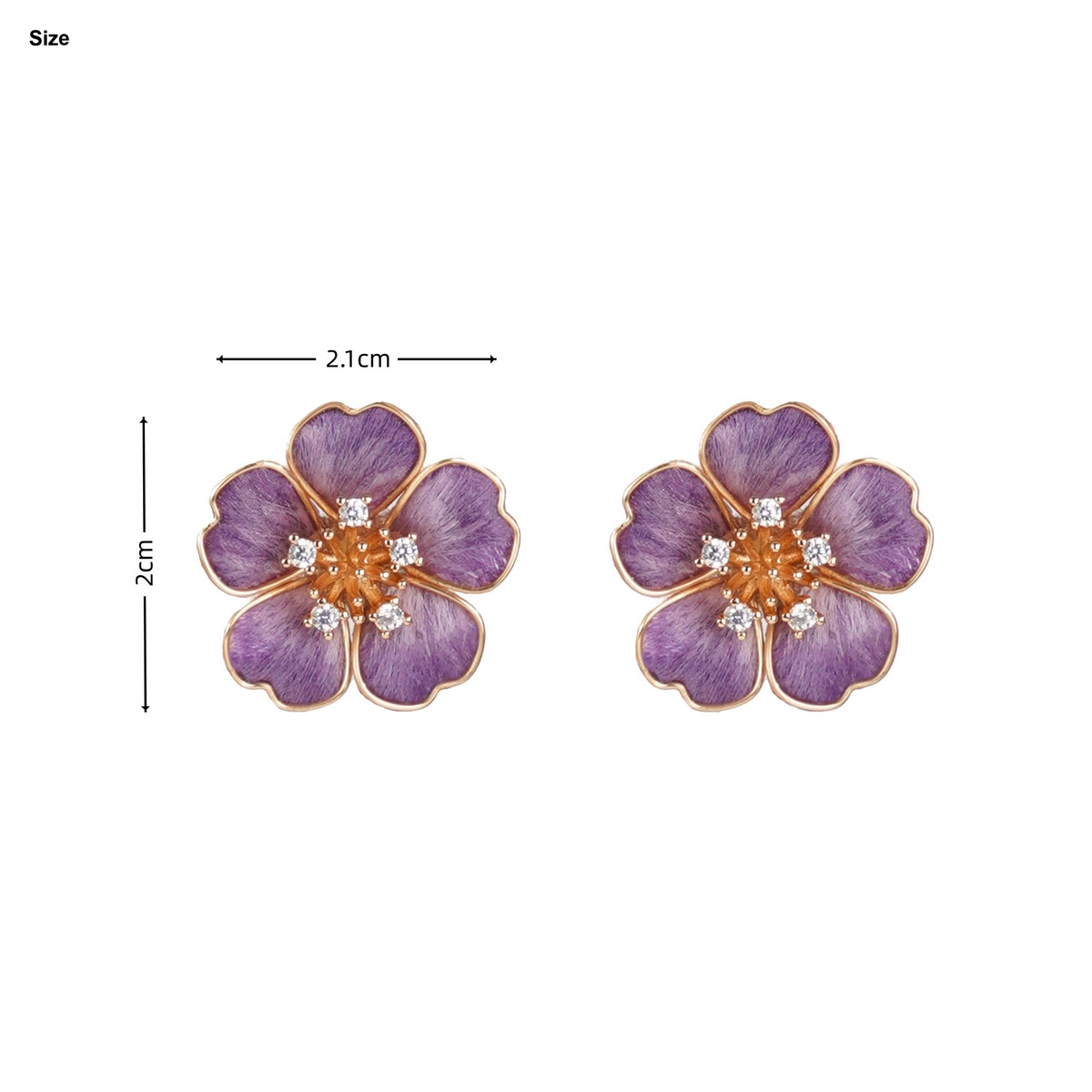 Violet Blossom silk velvet stud earrings size guide showing approximately 2.1 cm wide and 2.0 cm long