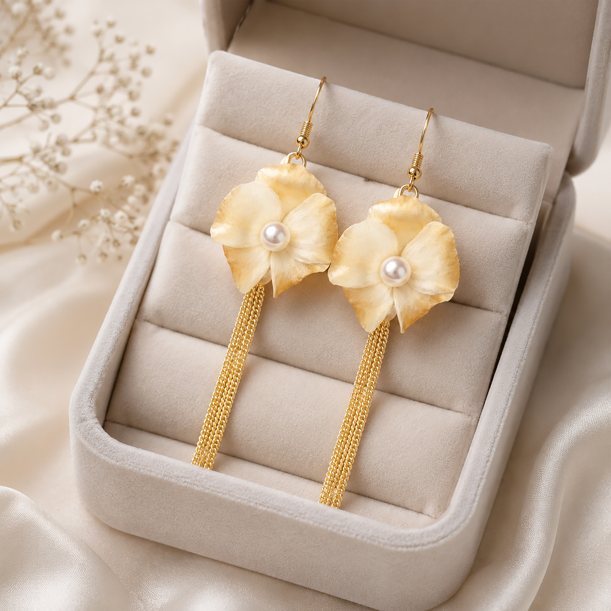 Close-up of an ivory silk velvet magnolia tassel earring with pearl-effect centre worn on the ear