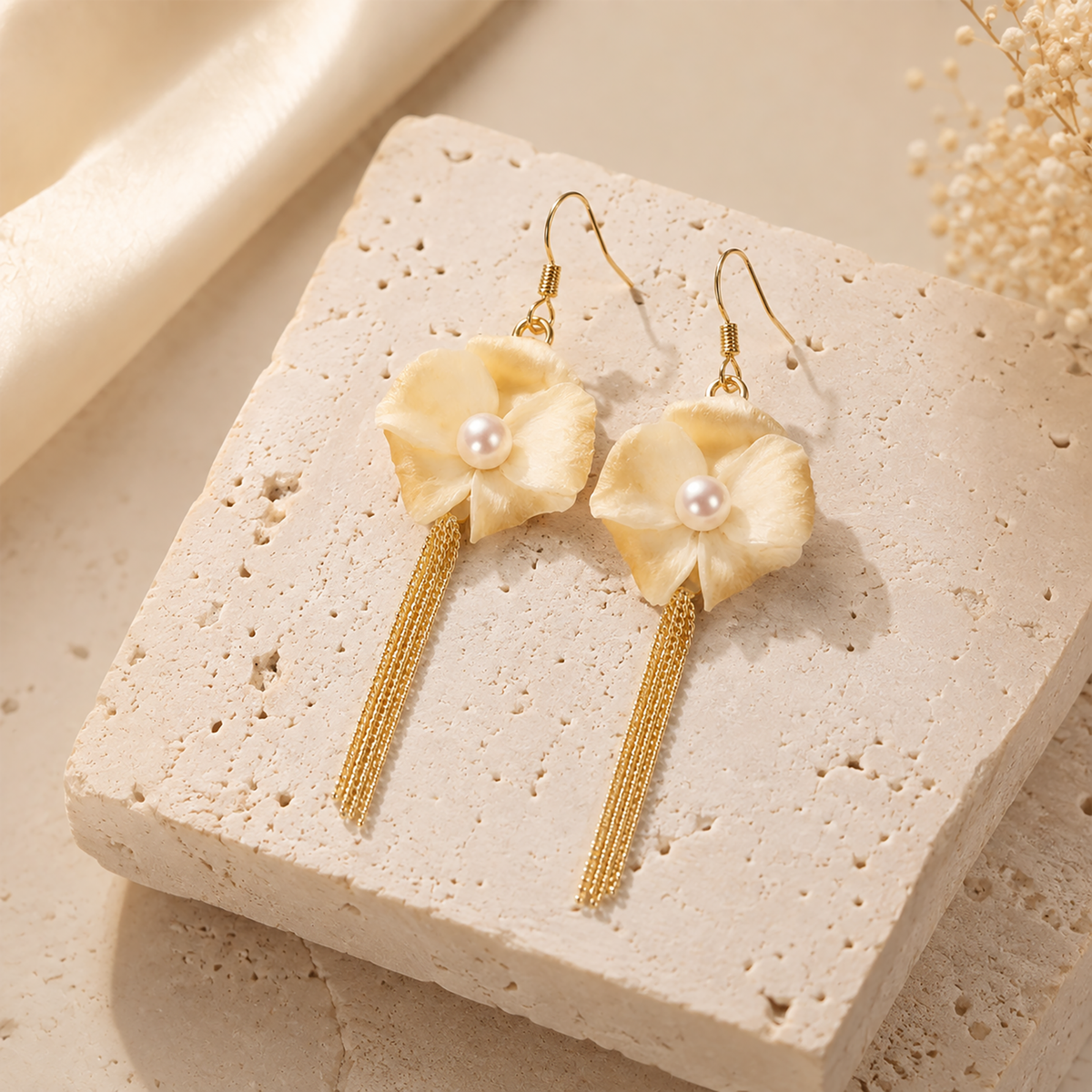 Size guide for Pearl Magnolia tassel earrings showing 2.5 cm width and 9.5 cm length