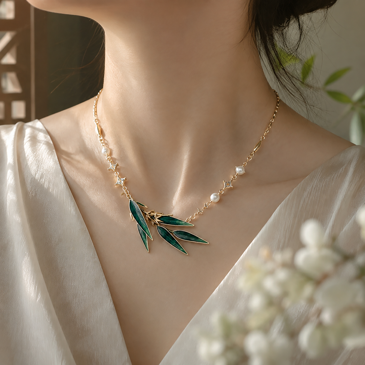 Bamboo leaf silk velvet pearl necklace displayed in full