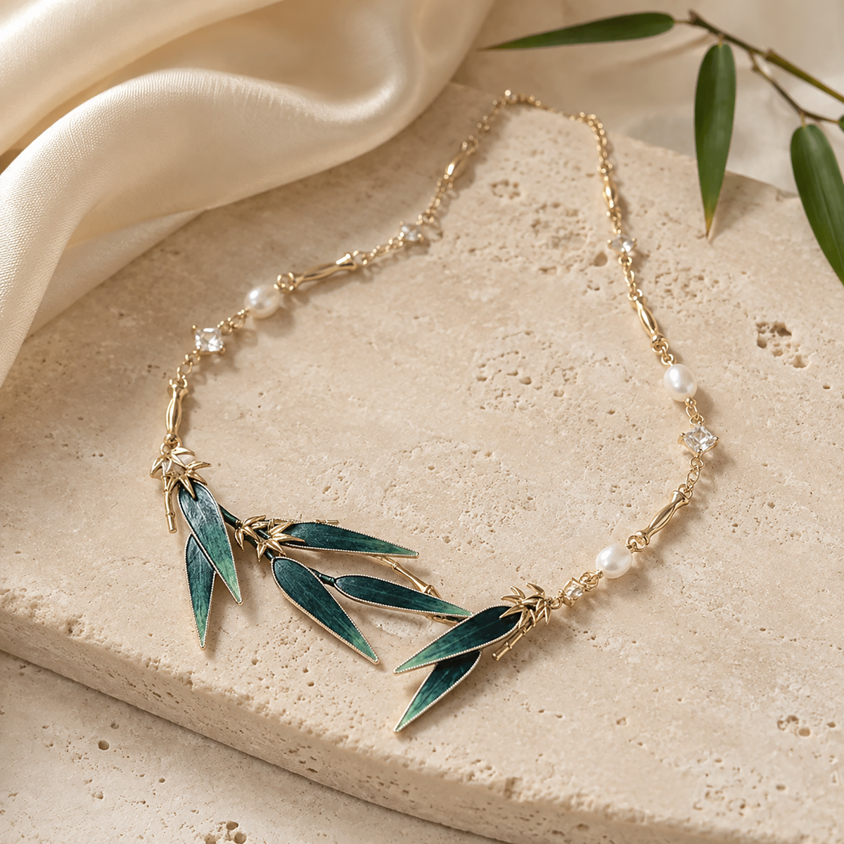Green bamboo leaf necklace with freshwater pearl drops