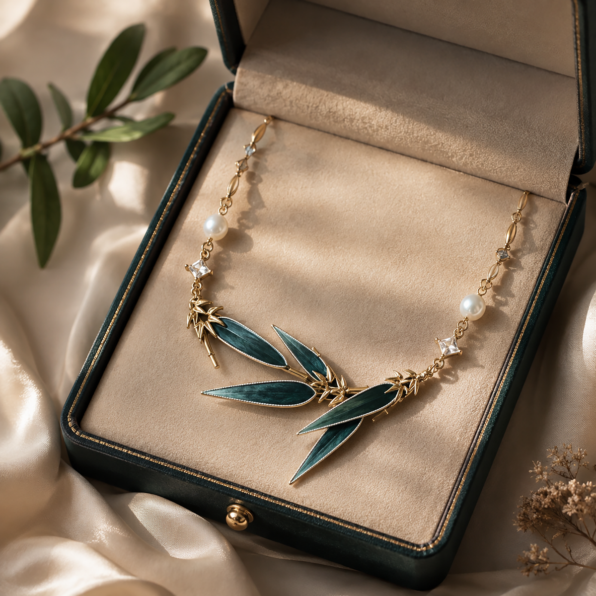 Close view of layered silk velvet bamboo leaves