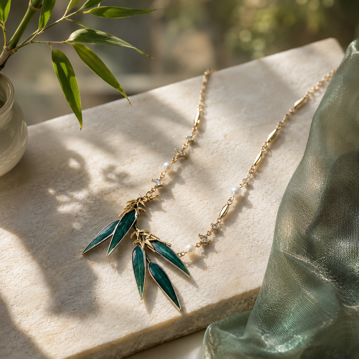 Bamboo leaf necklace showing shell and pearl accents