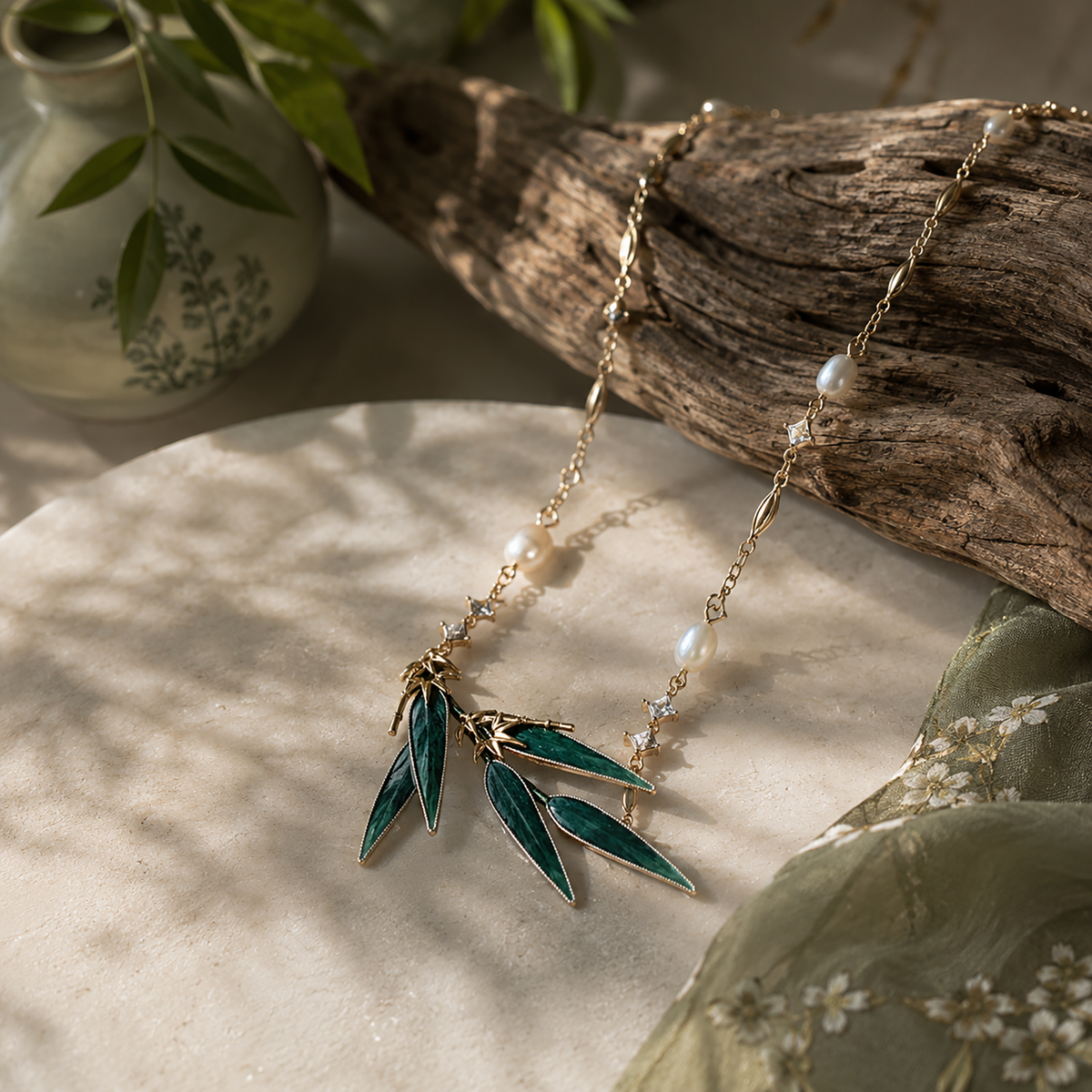 Detail of handmade green silk texture and metal findings