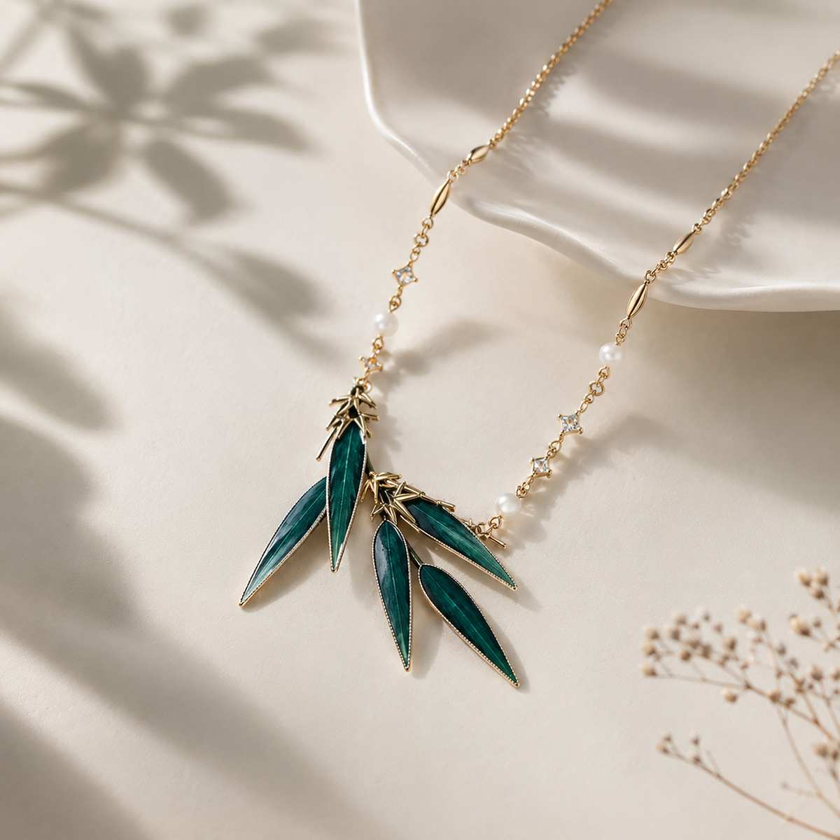 Bamboo leaf silk velvet necklace styled on a model