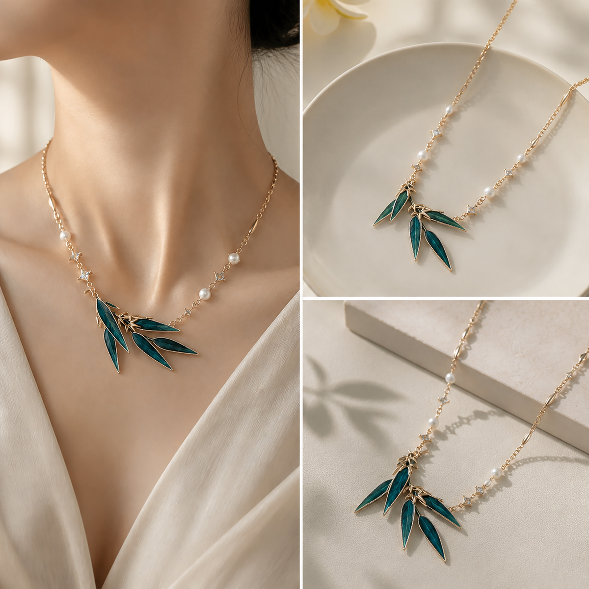 Bamboo leaf pearl necklace presented in CLMADE gift packaging