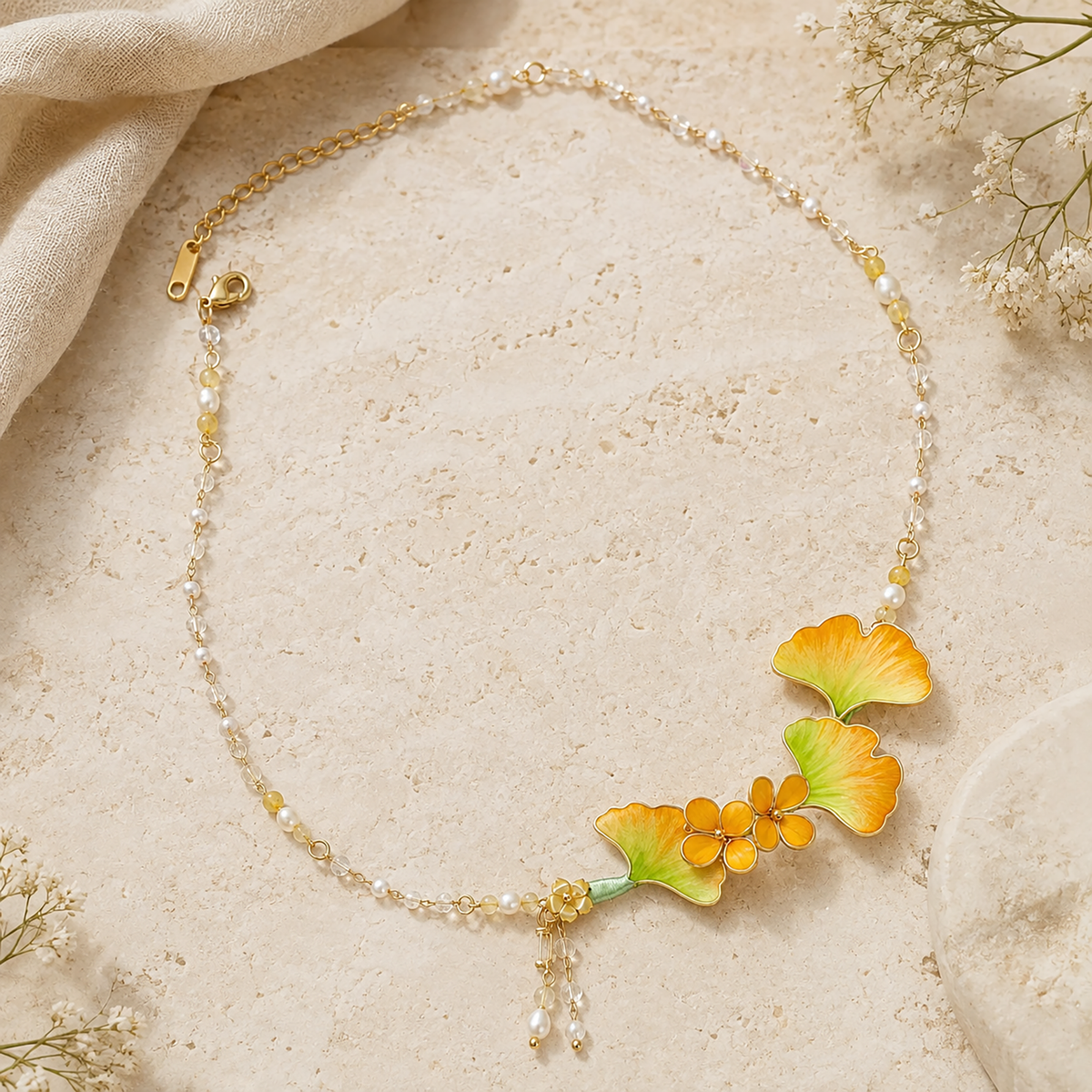 Green ginkgo leaf necklace with freshwater pearl accents