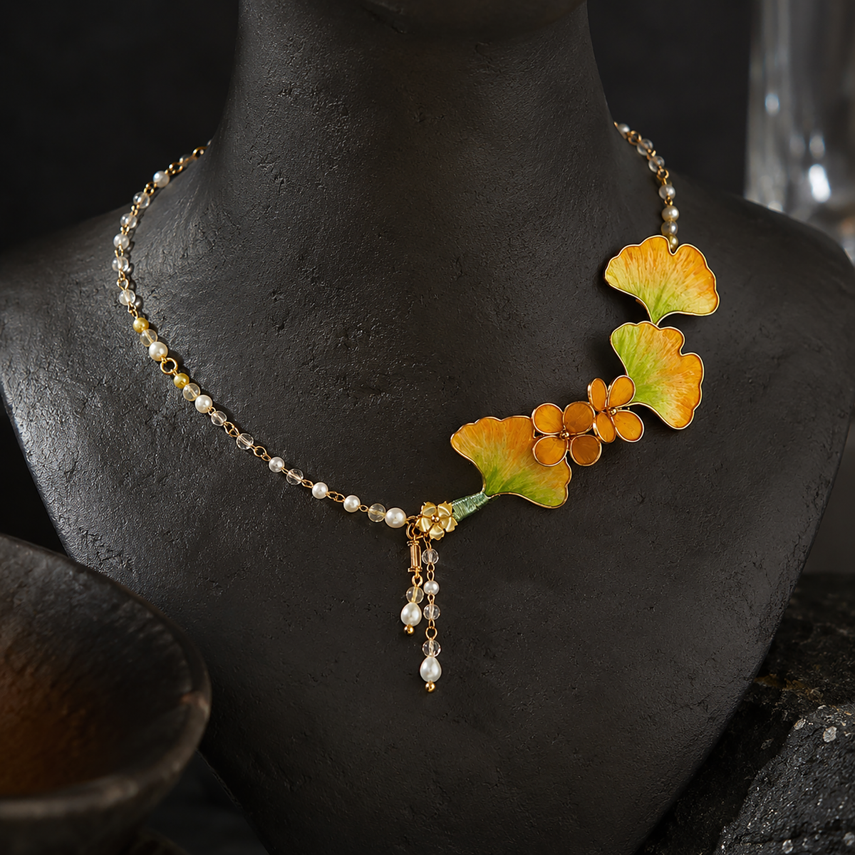 Ginkgo leaf silk velvet necklace styled on a model