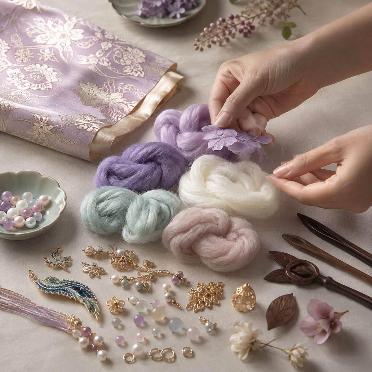 Pale fibres, patterned fabric, beads and hairpin components arranged on a work surface.