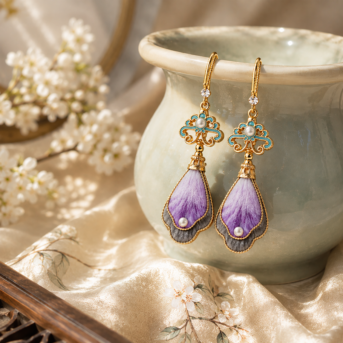 Lavender silk velvet drop earrings hanging beside an ivory ceramic vase