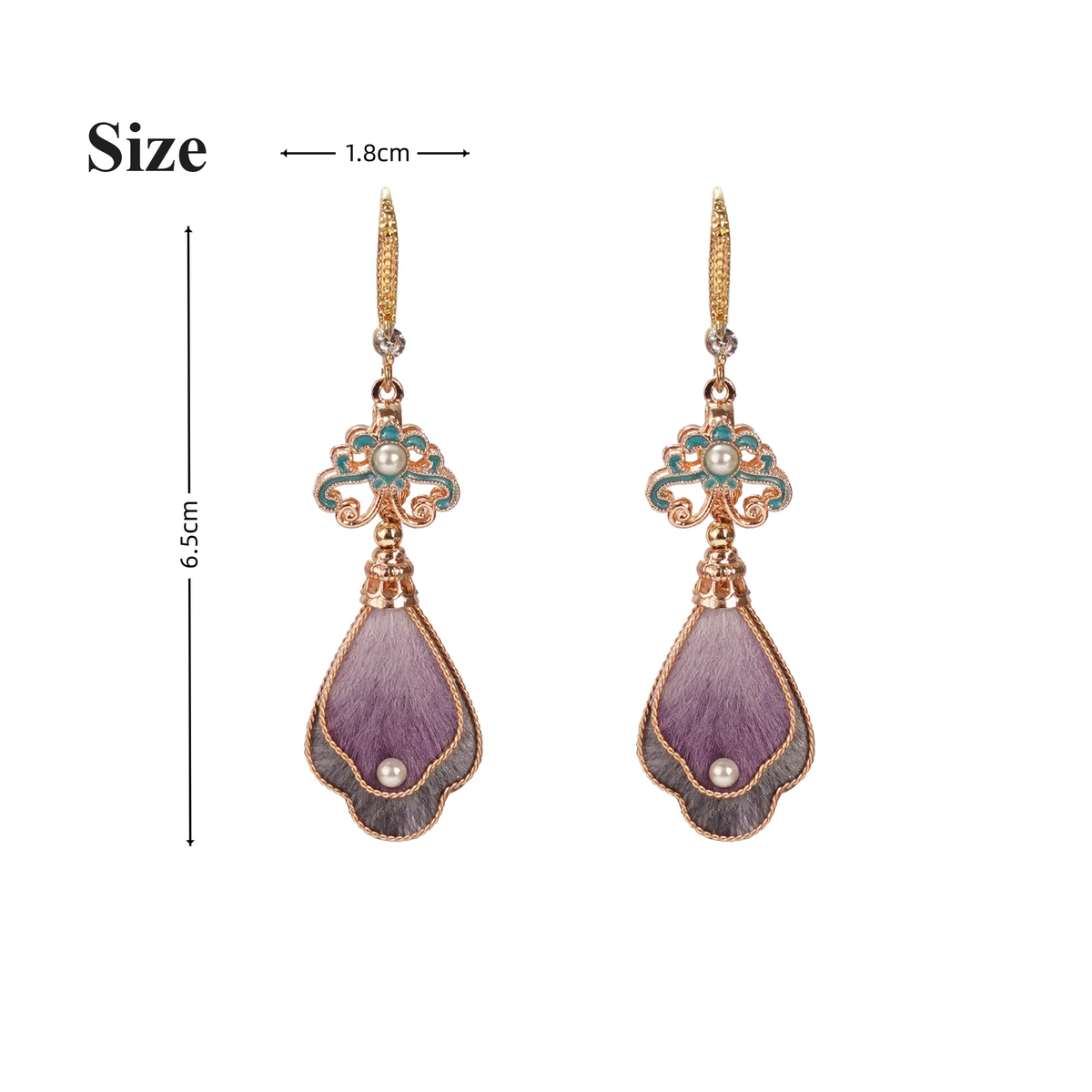 Size guide showing each earring approximately 6.5 cm long and 1.8 cm wide